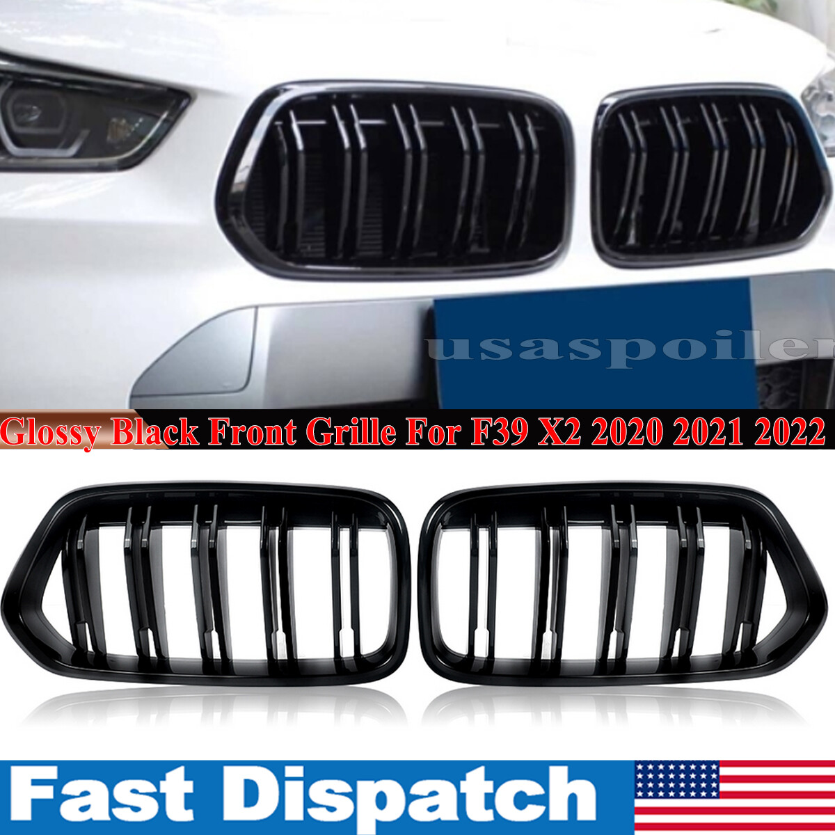 For BMW F39 X2 2020-2022 Pair Glossy Black Front Bumper Kidney Hood Grille Grill