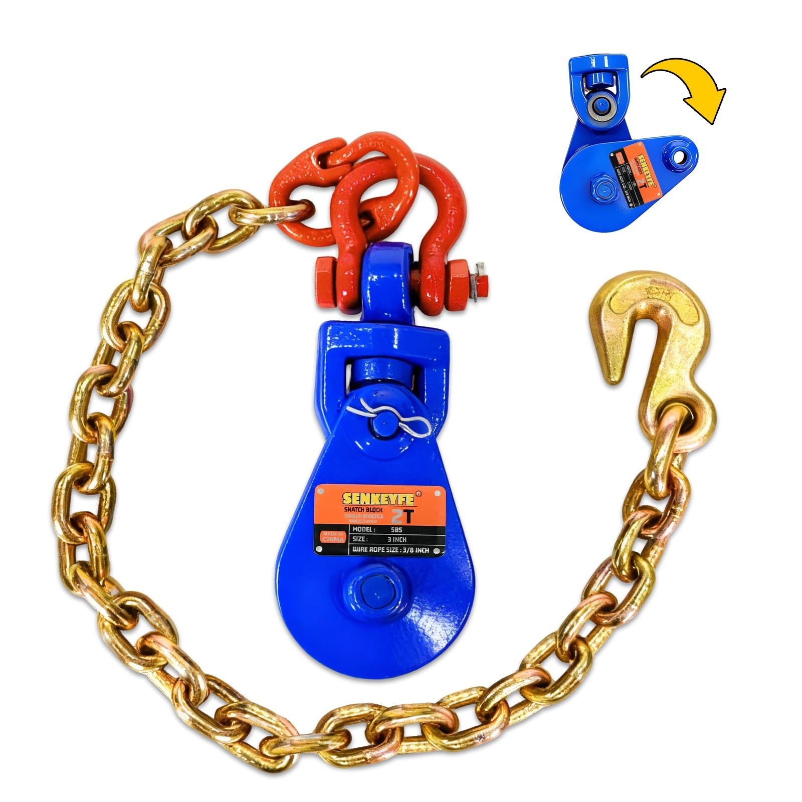SENKEYFE 2 Ton Snatch Block with G80 Chain and G70 Hook, 2Ton-3/8\ SENKEYFE 2 Ton Snatch Block with G80 Chain and G70 Hook, 2Ton-3/8\