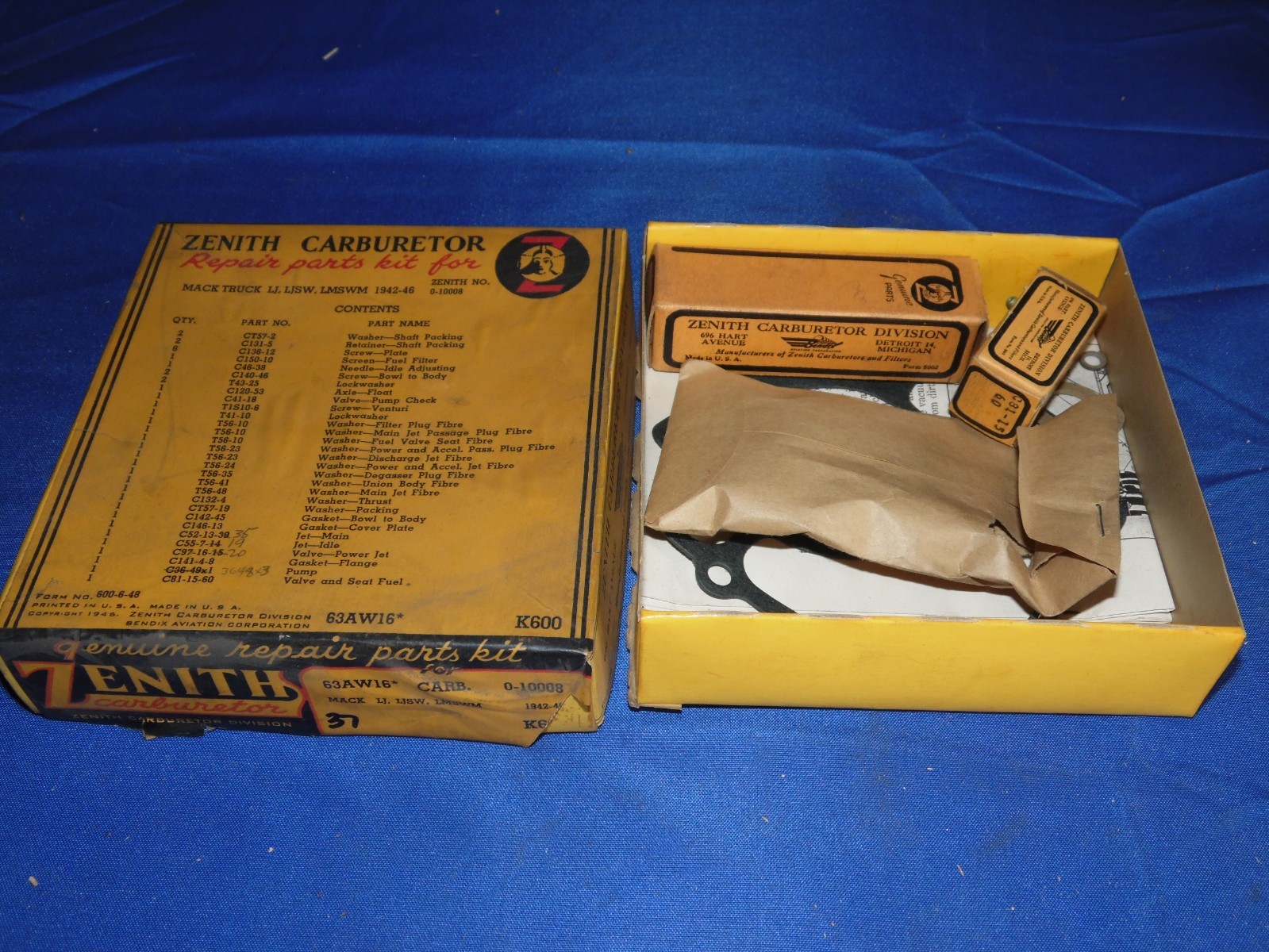 NOS Vintage Zenith K600 Carburetor Repair Kit 63 Series Mack 1942-46 LT LTSW