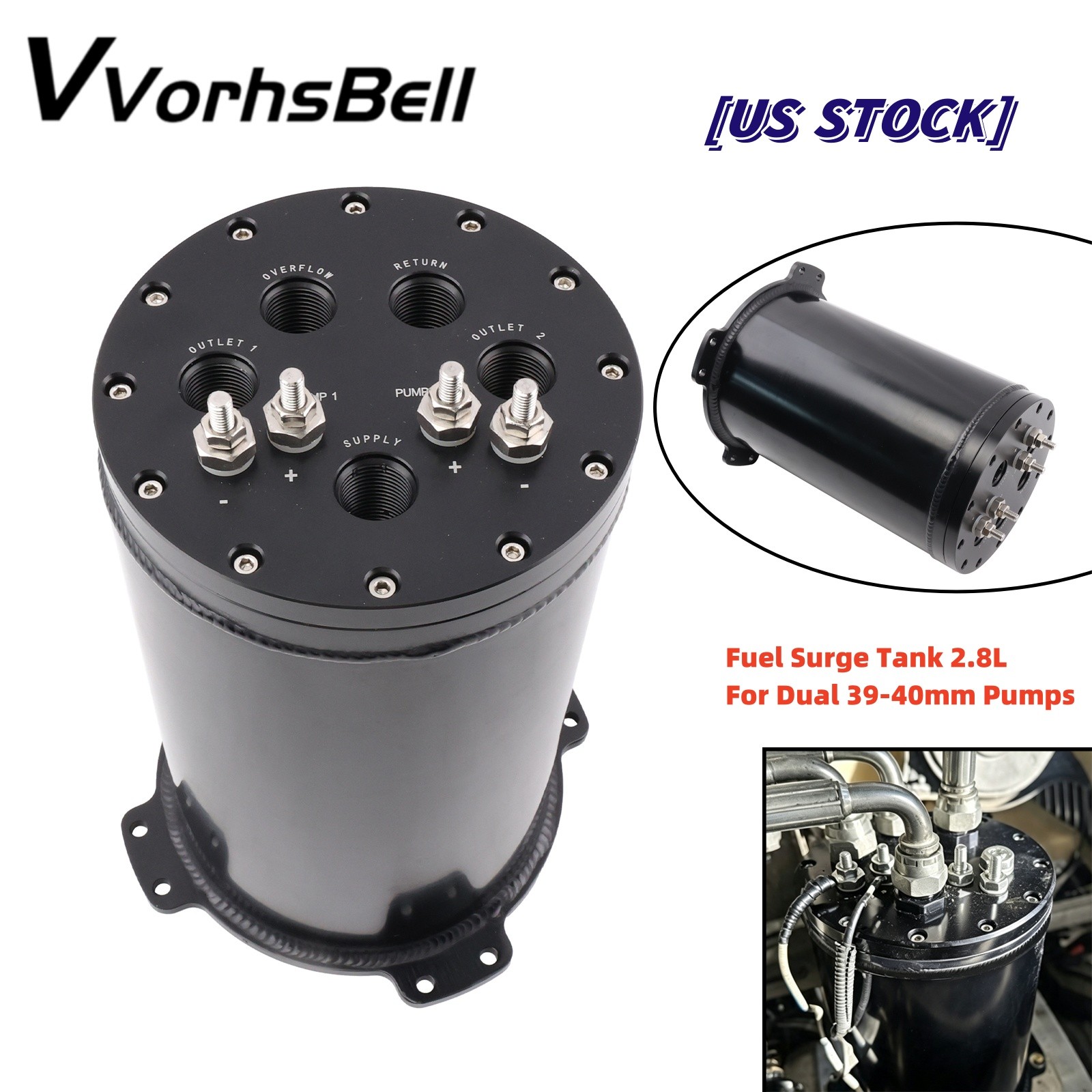 2.8L Aluminum Surge Tank Suits Single/Twin 39mm-40mm Intank Fuel Pumps AN8 Ports
