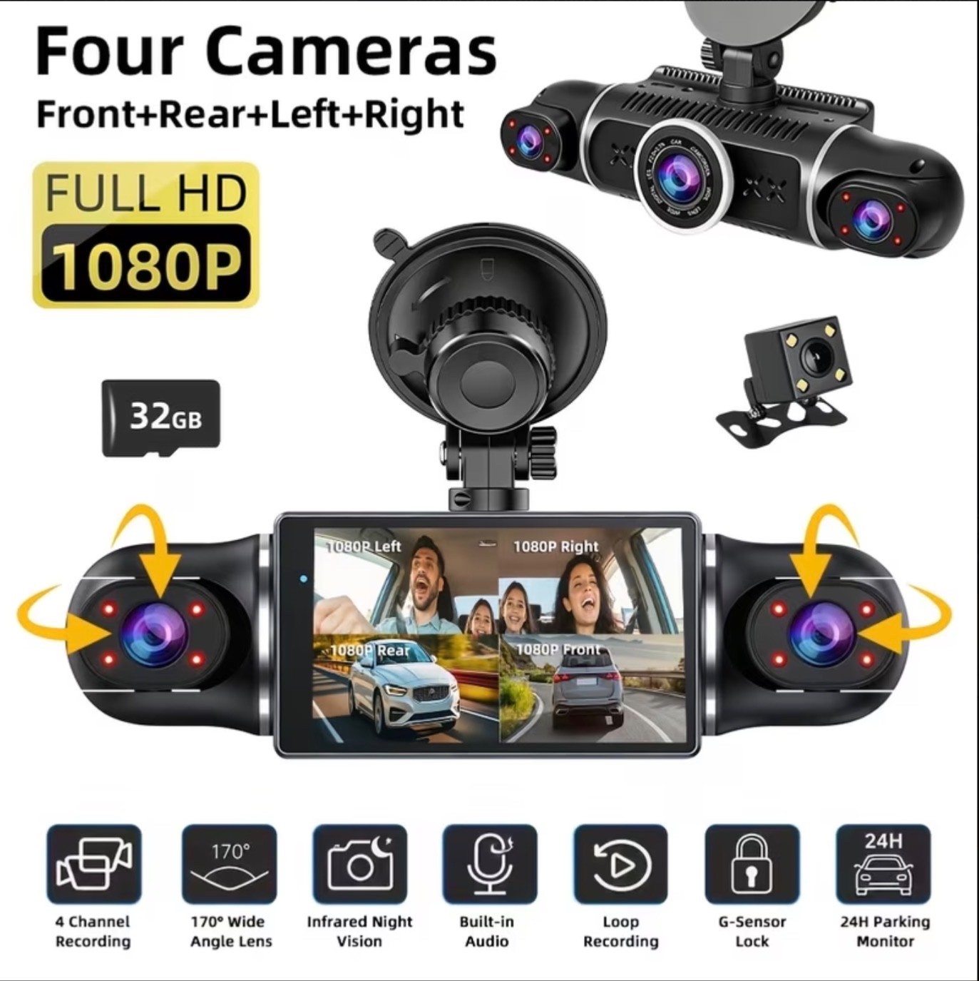 360° 4 Channel 1080P HD Car Dash Cam Front & Rear Inside Left Right + Camera