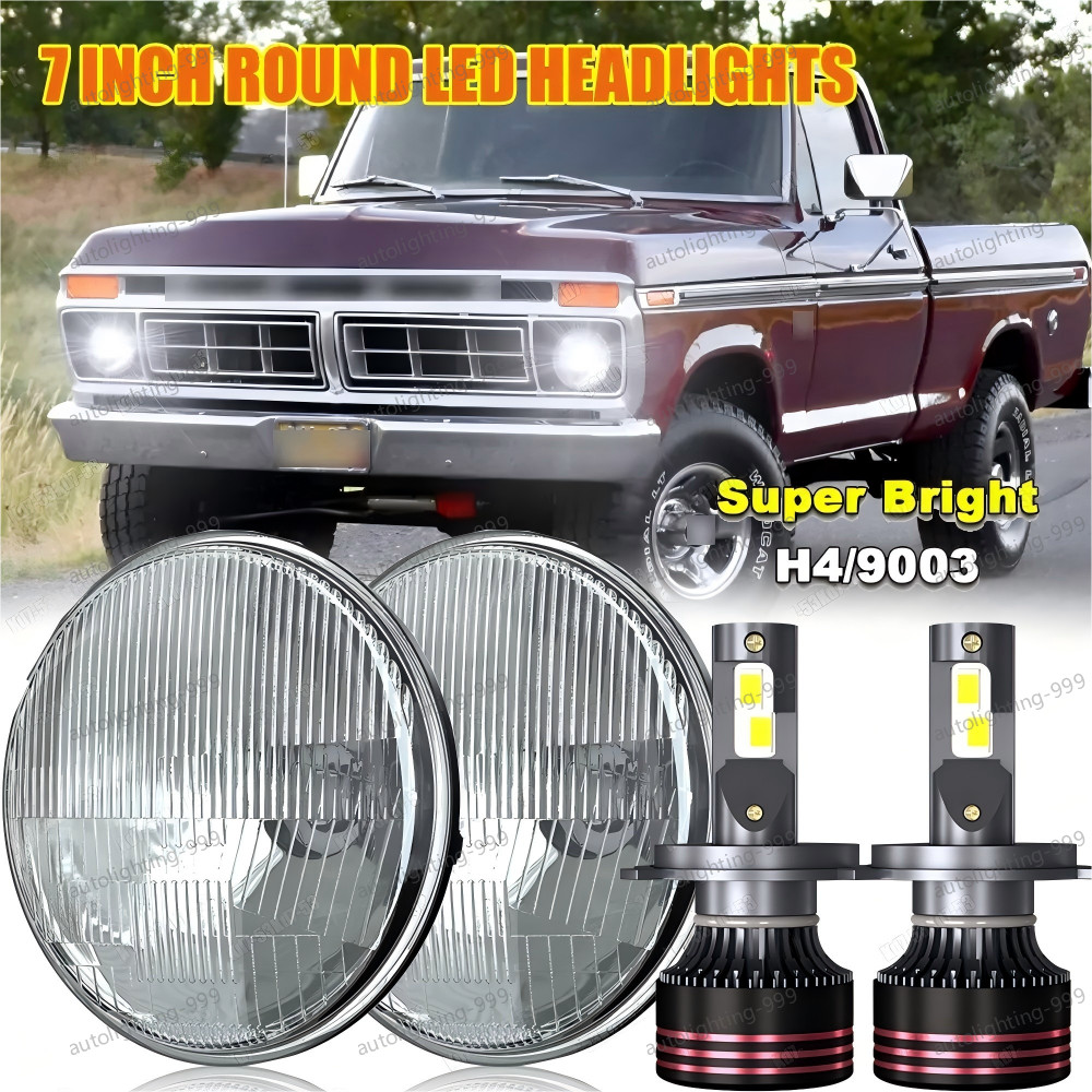 For 69-78 Ford F100 F150 F250 Pair 7inch Round LED Headlights Halo High Low Beam