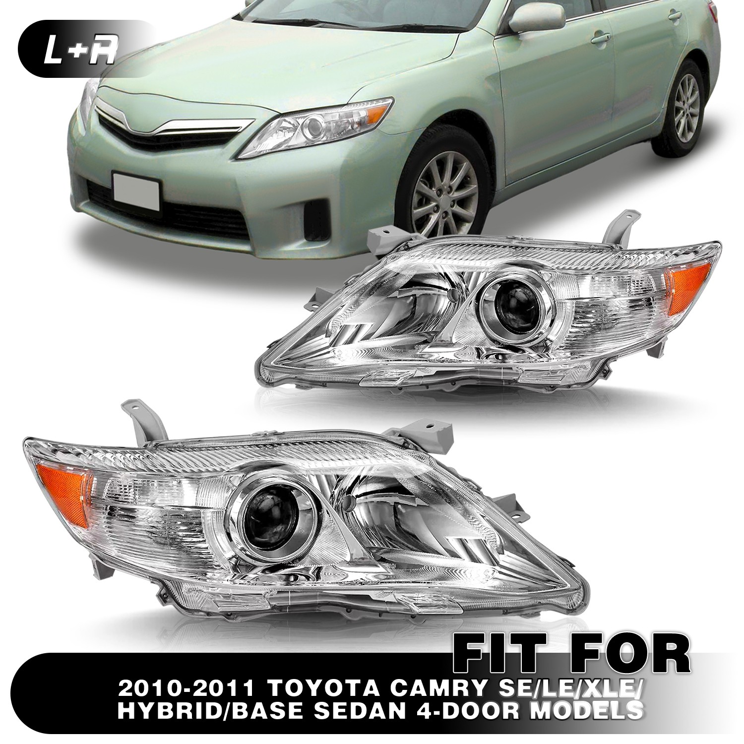 For 2010 2011 Toyota Camry SE LE XLE Sedan Chrome Clear Headlights Assembly Pair