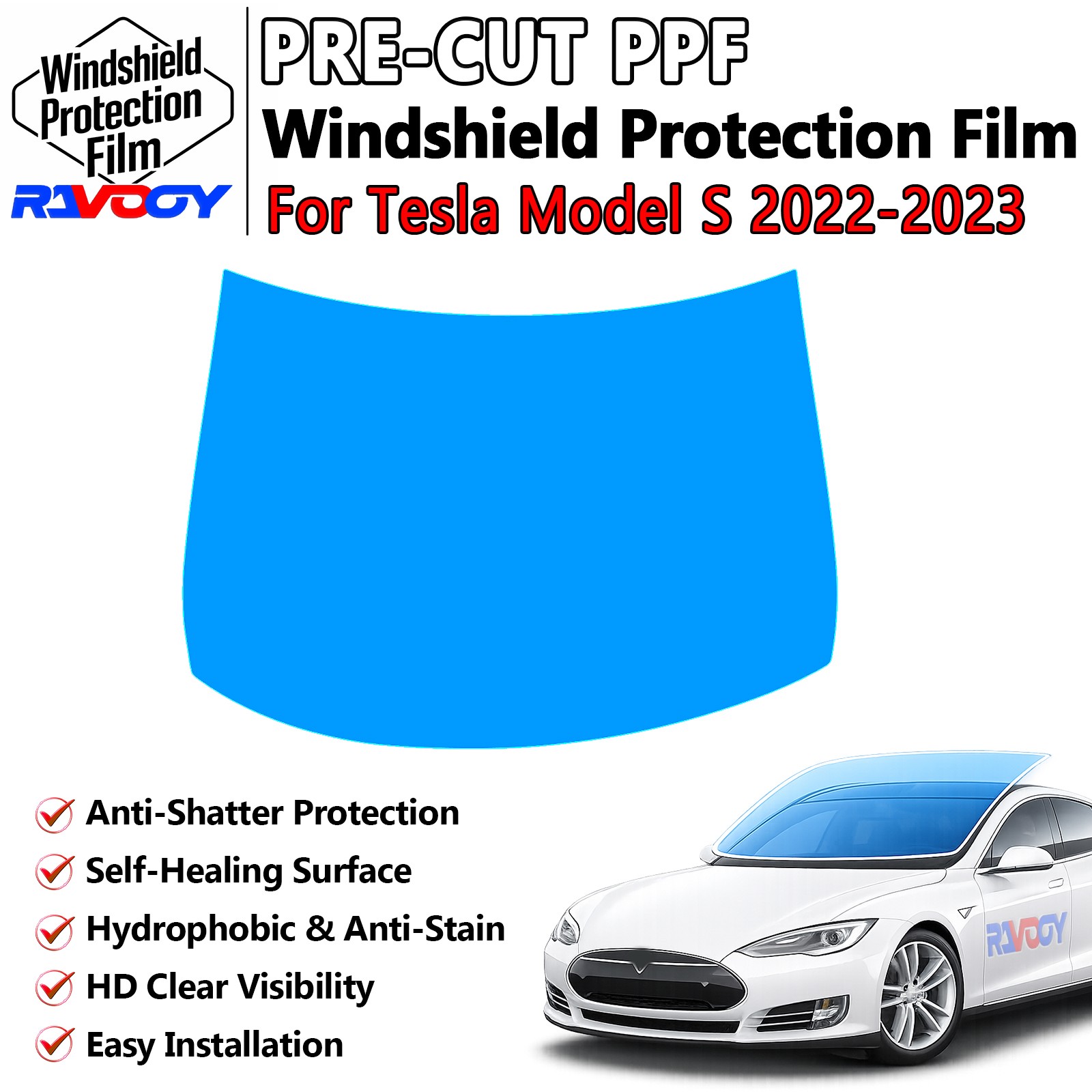 PreCut Front Windshield Protection Film For Tesla Model S 2022-2023