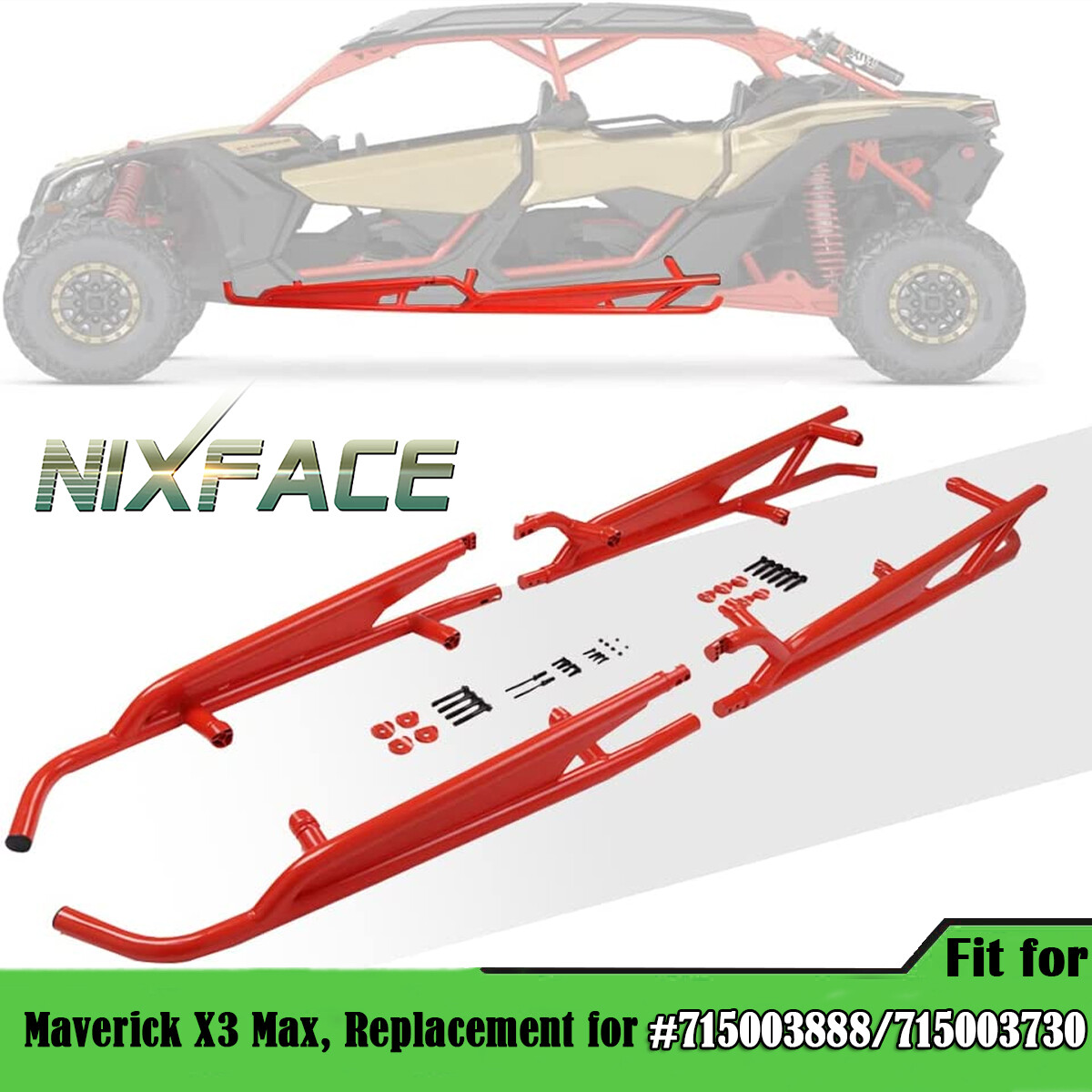 Nerf Bars Rock Sliders for 2017-2024 Can-Am Maverick X3 Max 4 Seater RED Coated