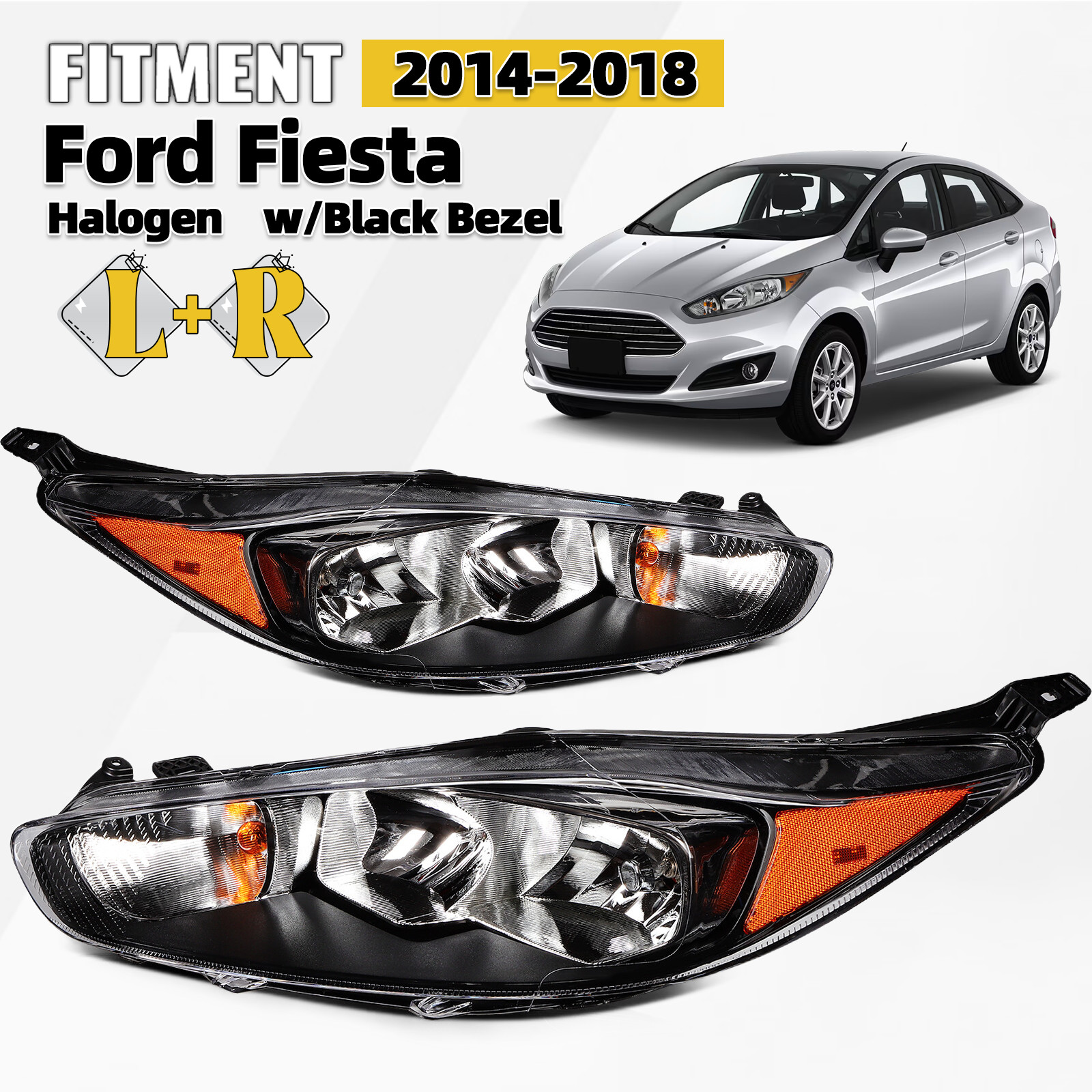For 2014-2018 Ford Fiesta Halogen Headlight Black Housing w/Bulb Left+Right Pair