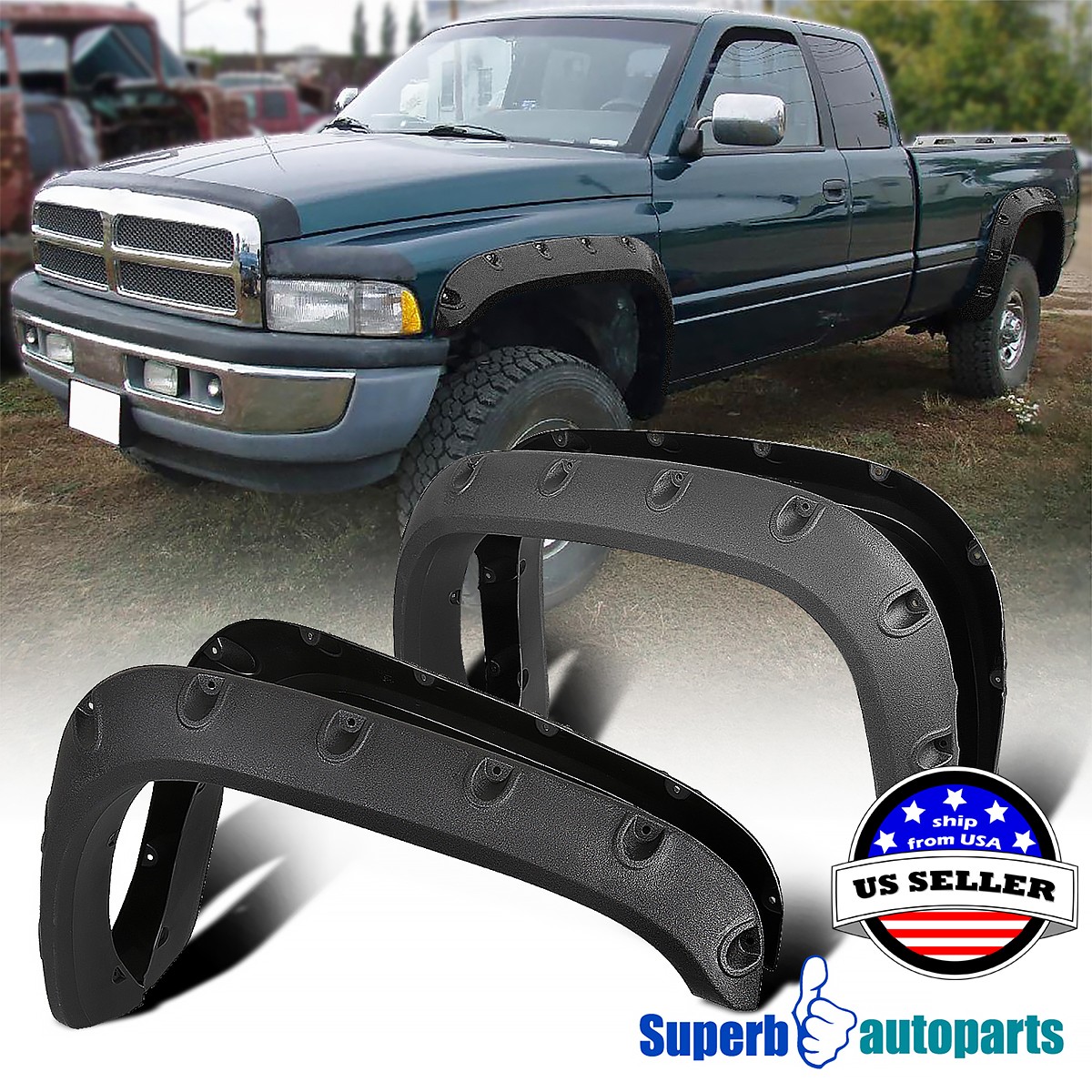 Fits 1994-2001 Ram 1500 2500 3500 Rough Texture Pocket Style Fender Flares 4PC Fits 1994-2001 Ram 1500 2500 3500 Rough Texture Pocket Style Fender Flares 4PC