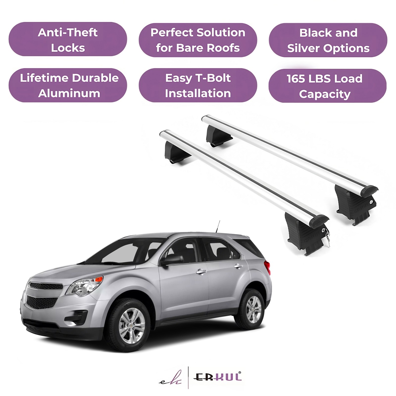 ERKUL Roof Rack Crossbars For CHEVROLET EQUINOX 2010-2017 Naked Roof Aluminum