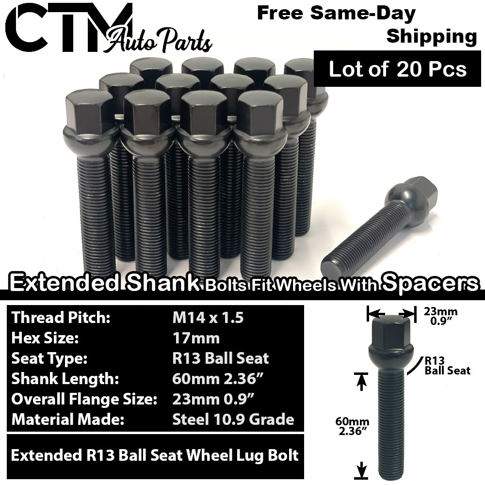 20x Black 14x1.5 Ball Seat Extended Lug Bolts 60mm Shank Fit Mercedes Stock Rims