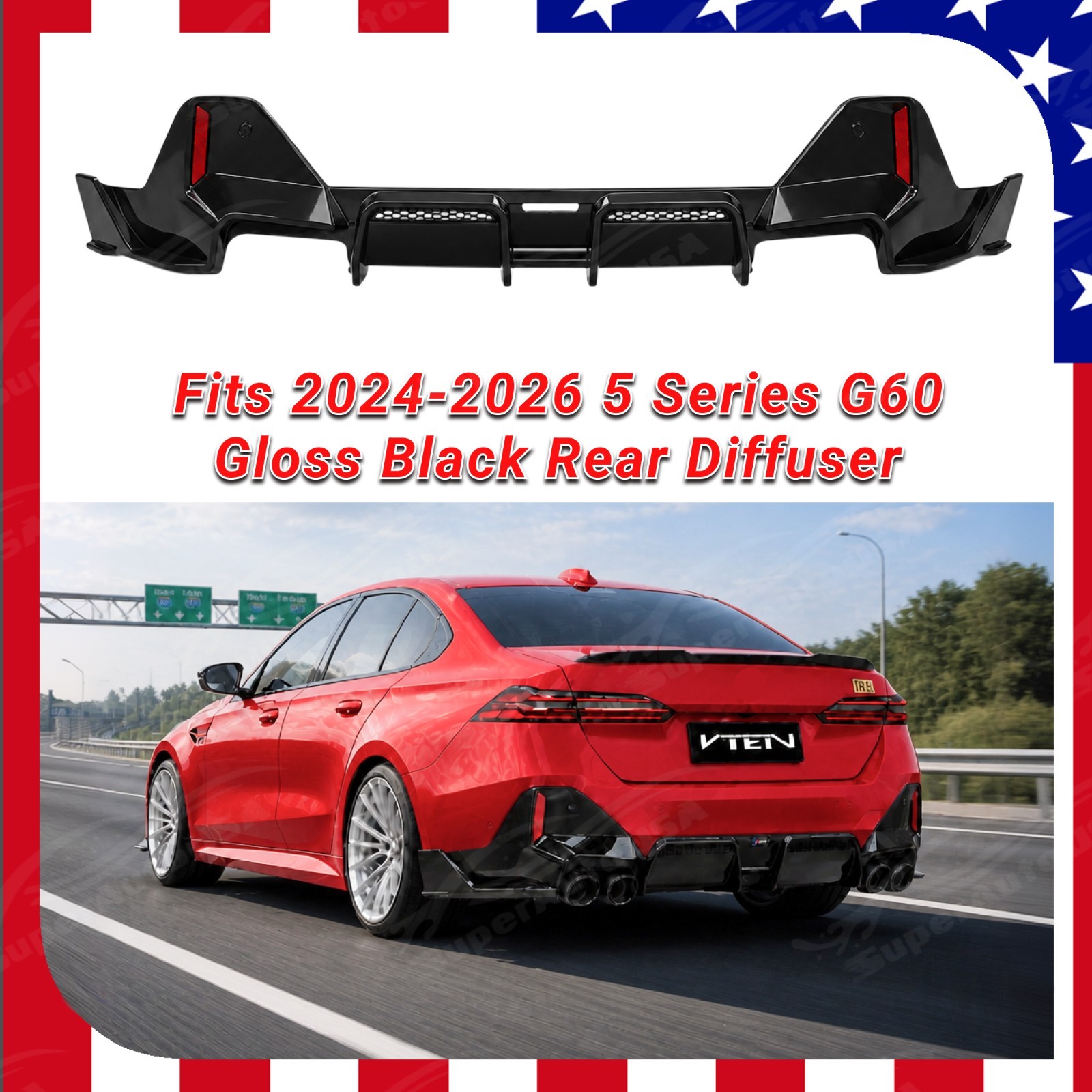 VTEN Gloss Black Rear Bumper Diffuser Kit For 2024-2027 BMW 5 Series G60 M-Sport