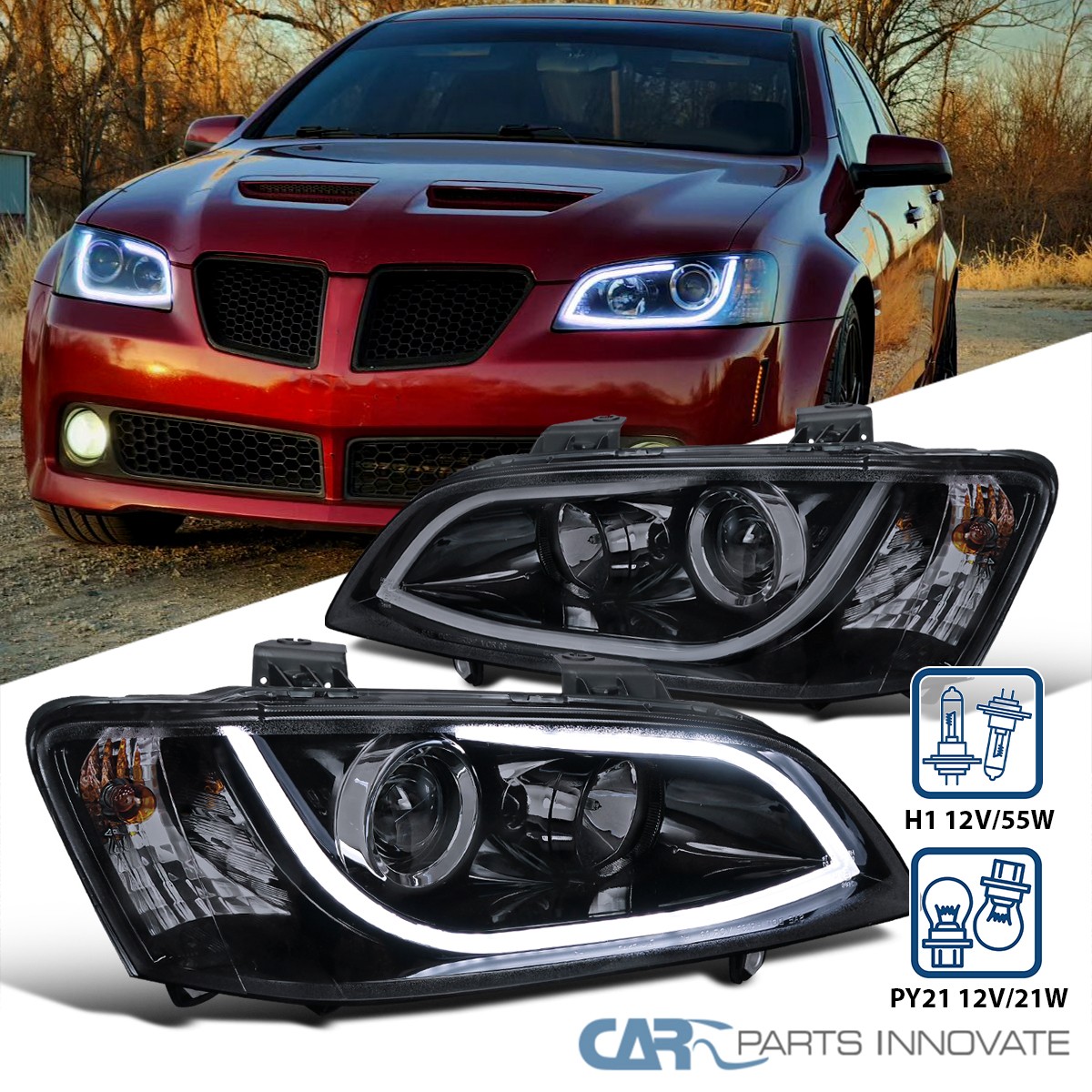Fits 2008-2009 Pontiac G8 Glossy Black Projector LED Strip Headlights Lamps