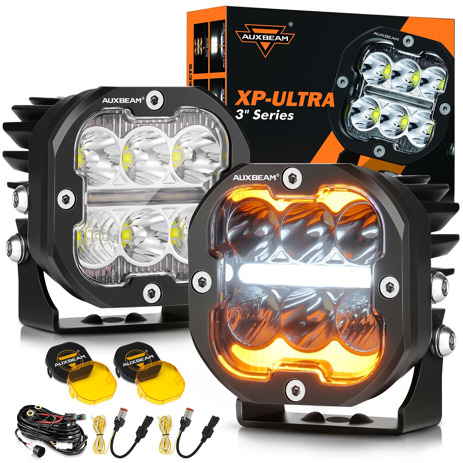 AUXBEAM 3 Inch 84W LED Pods White DRL&Amber Turn Signal Ditch Cube Offroad Light