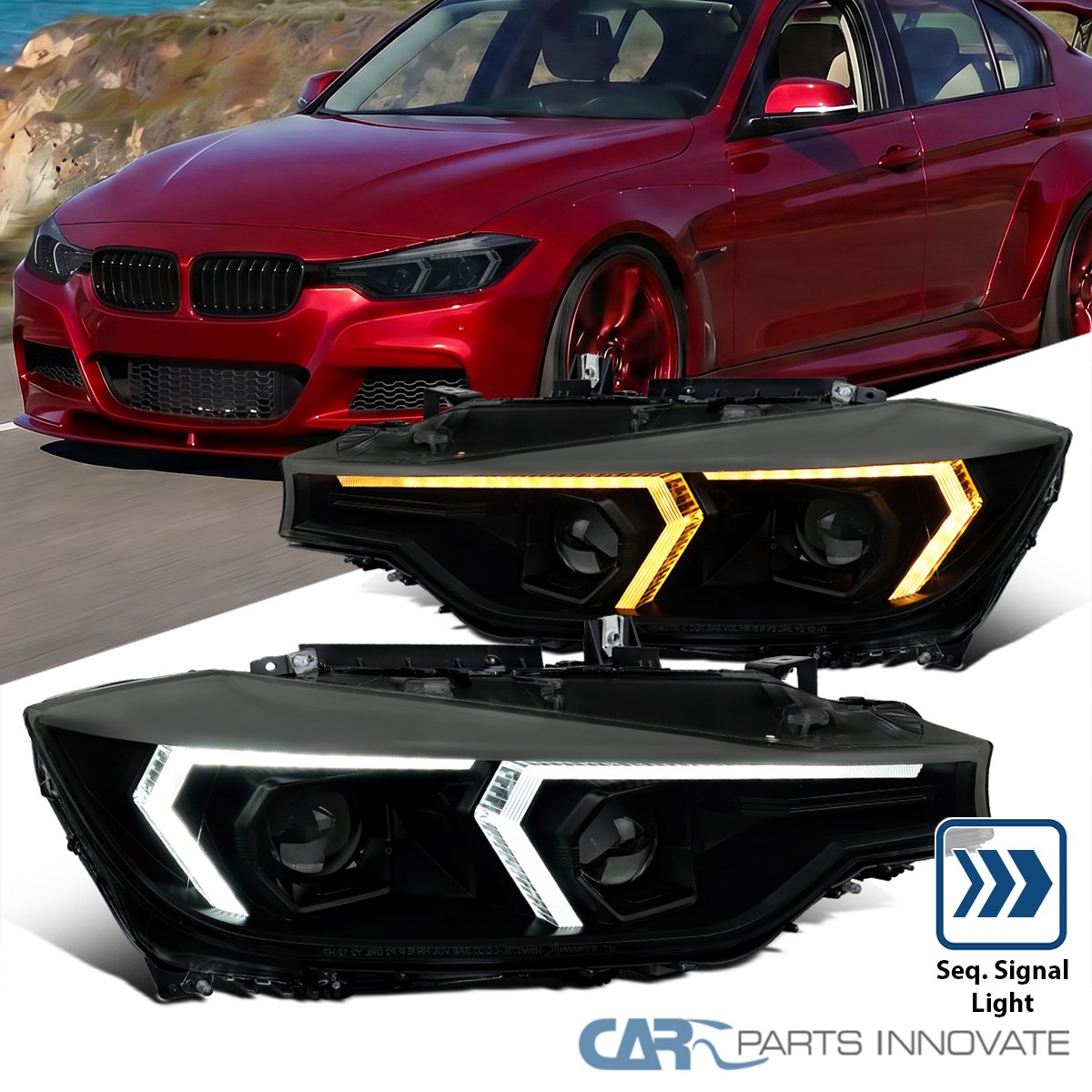Smoke Fits 2012-2015 BMW F30 3-Series Projector Headlights Sequential LED DRL