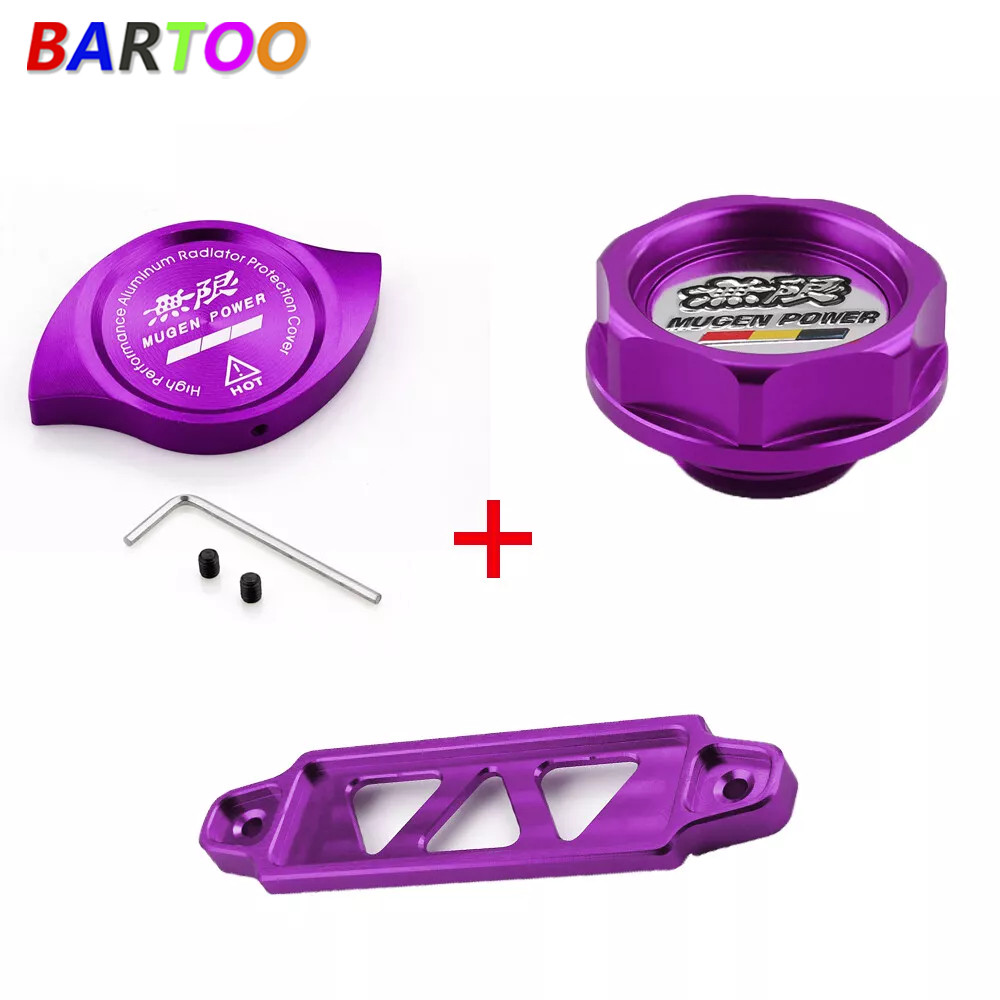 Purple Billet Engine Oil Filler Cap + Radiator Cap + Battery Tie Down