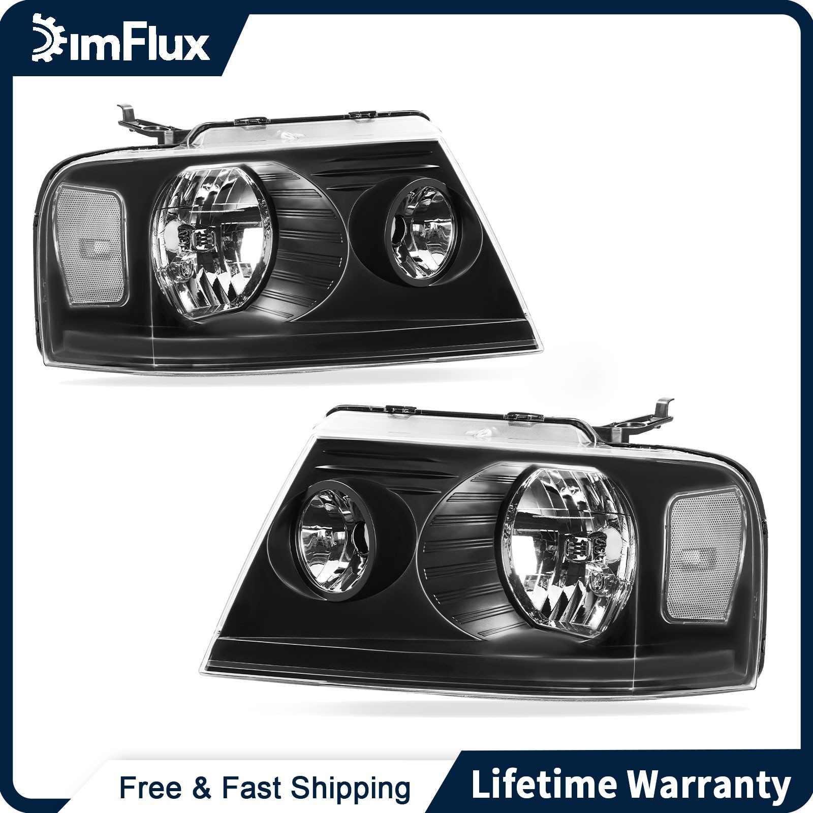 DimFlux Headlights for 04-08 F150 06-08 Lincoln LT Clear Reflector Black Housing