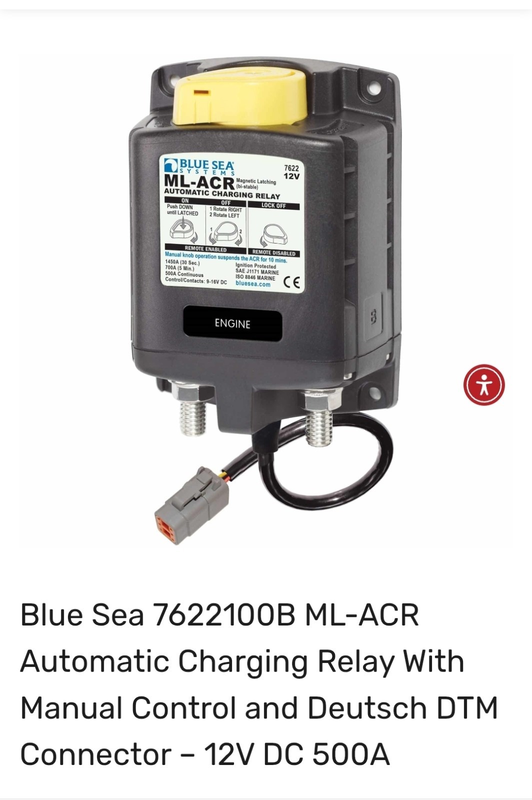 Blue Sea 7622 ML-ACR Automatic Charging Relay with Manual Control Marine Blue Sea 7622 ML-ACR Automatic Charging Relay with Manual Control Marine