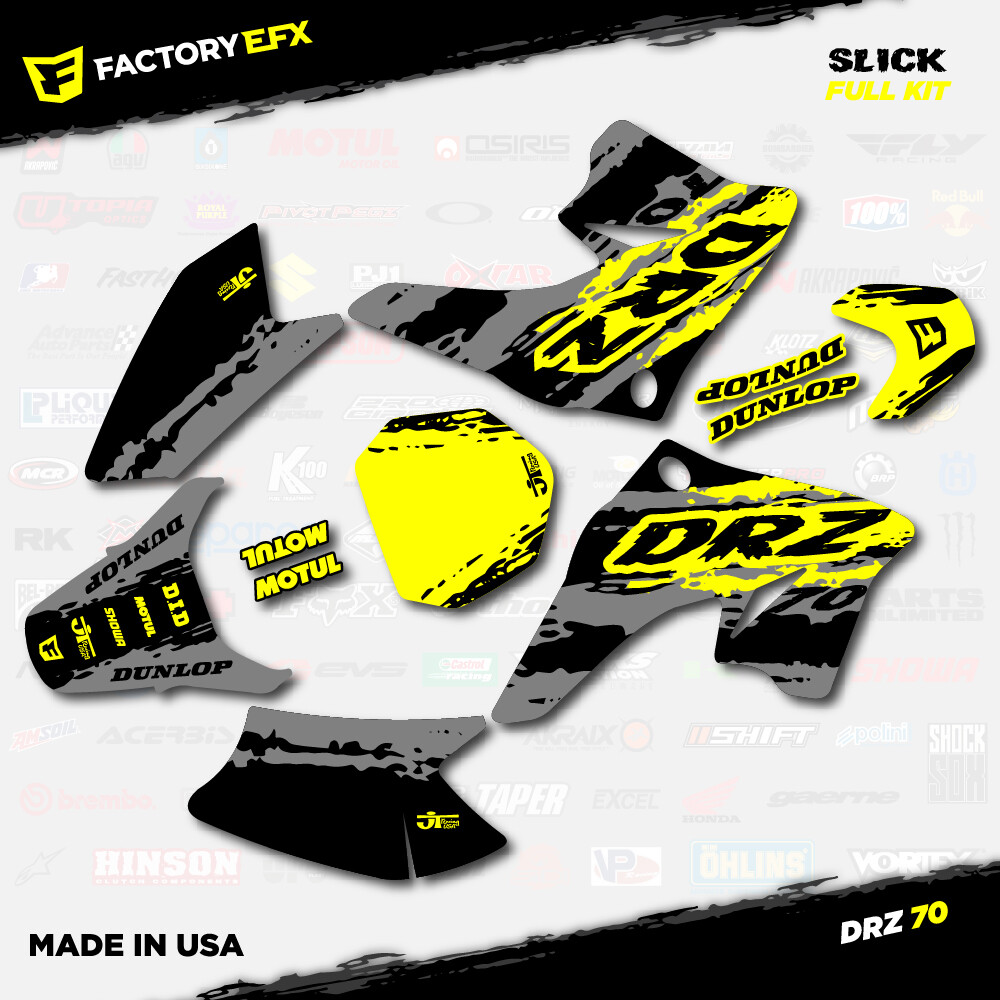 Gray & Yellow Slick Racing Graphics Kit fits 08+ Suzuki DRZ70 DRZ 70 Decals
