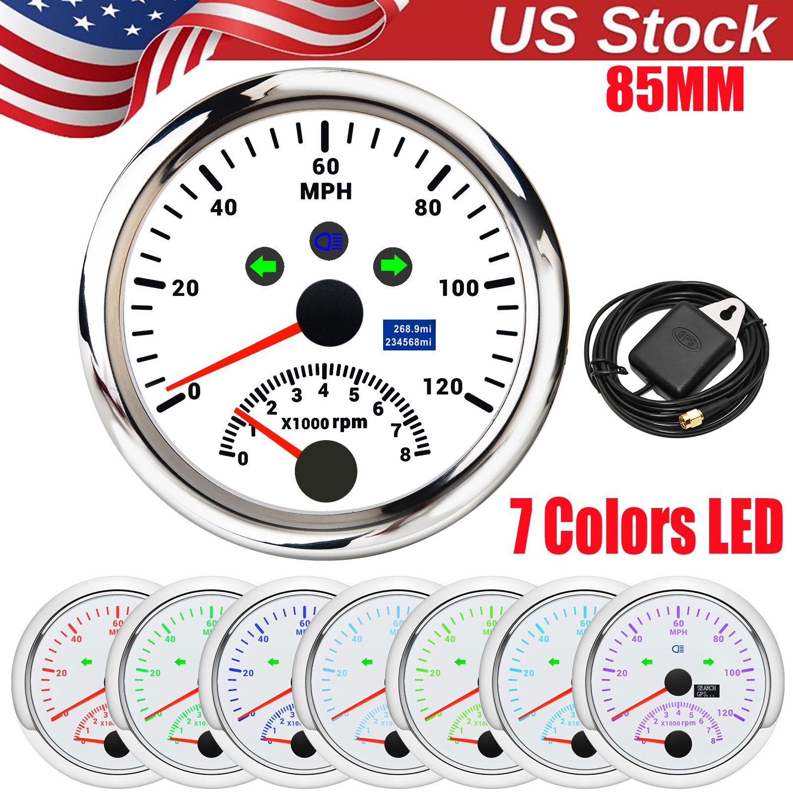 85mm White Boat Car GPS Speedometer 0-120MPH With Tachometer 0-8000RPM Gauge US 85mm White Boat Car GPS Speedometer 0-120MPH With Tachometer 0-8000RPM Gauge US