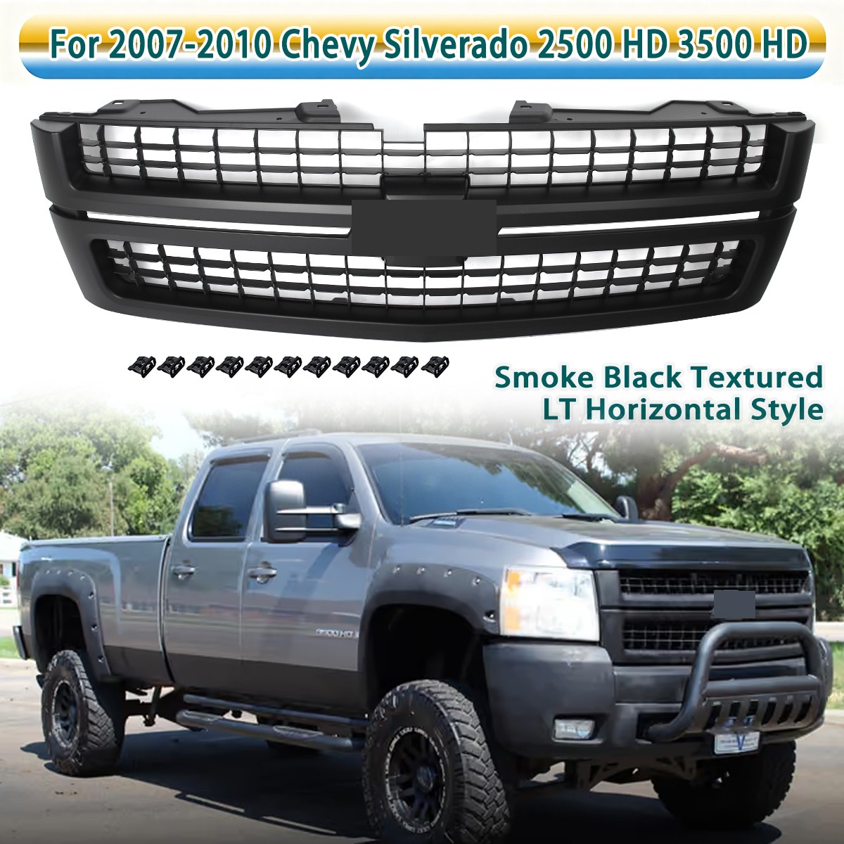 Smoke Black Front Upper Horizontal Grille For 2007-10 Silverado 2500HD 3500HD LT