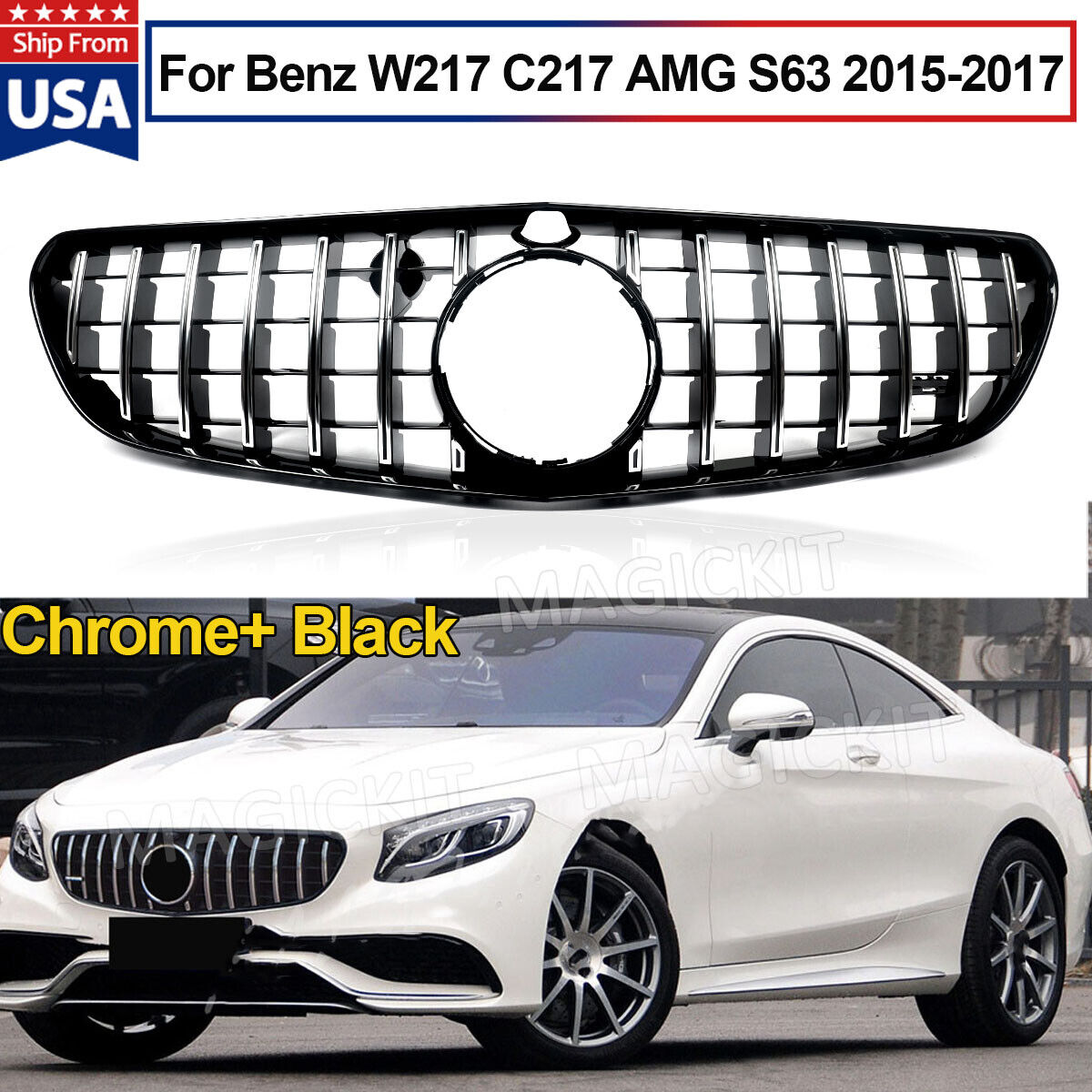 Chrome GT style Grille For Mercedes-Benz C217 W217 AMG S63 S65 coupe  2015-2017