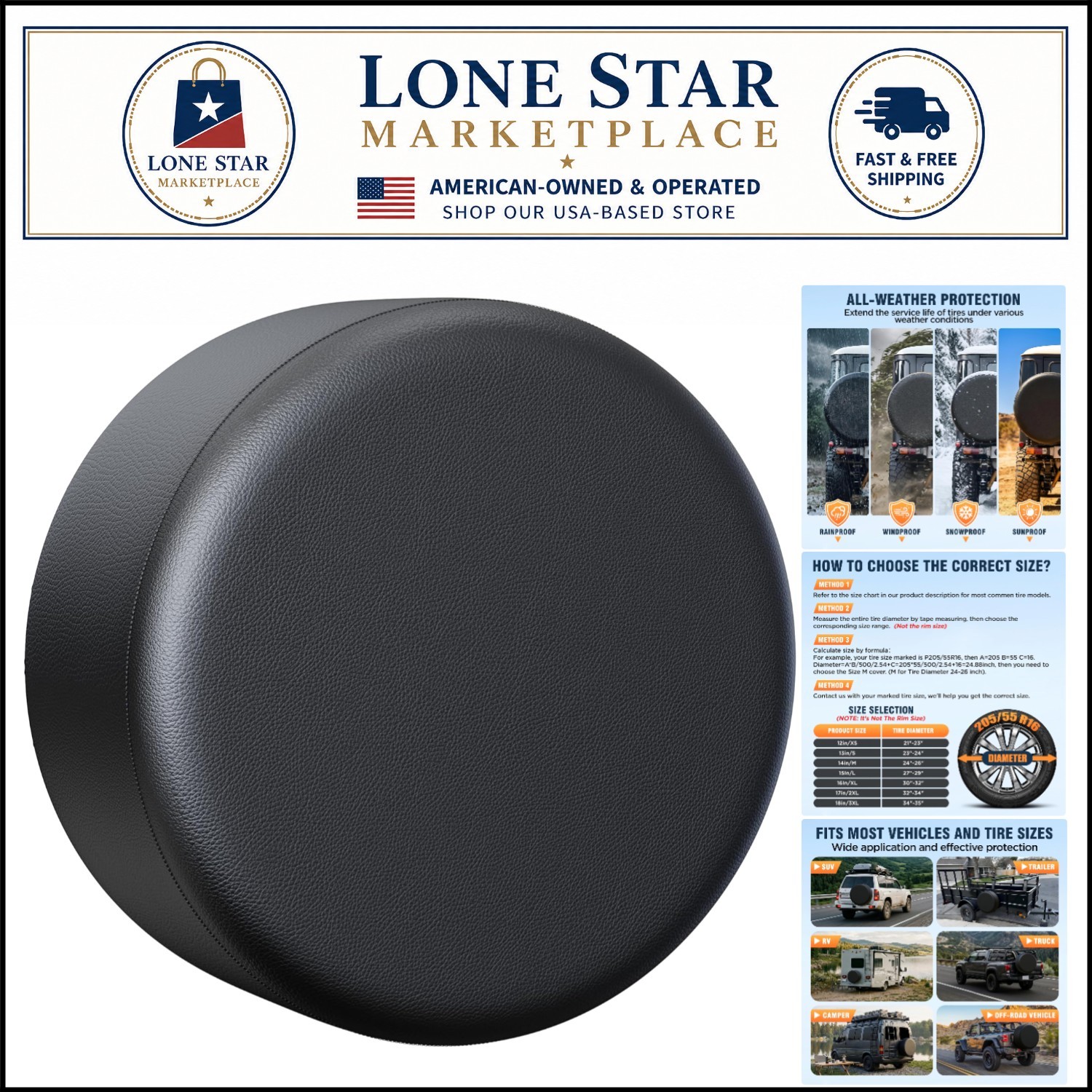 Stylish Black Spare Tire Cover for 30-32 Inch Wheels - Heavy-Duty and Waterproof