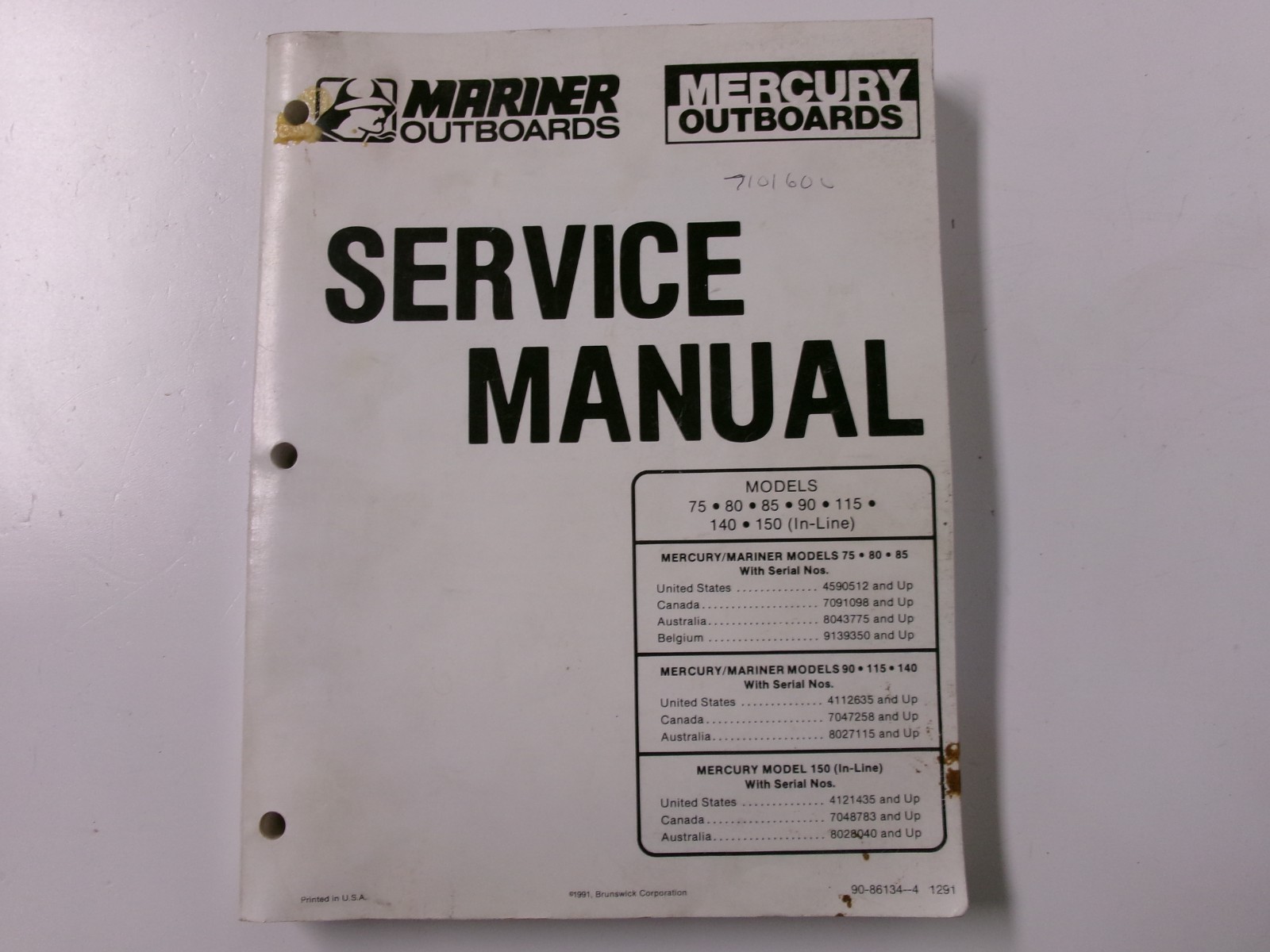 1991 Mercury Marine Mariner 90-86134-4 Outboard Service Manual 75 thru 150 hp