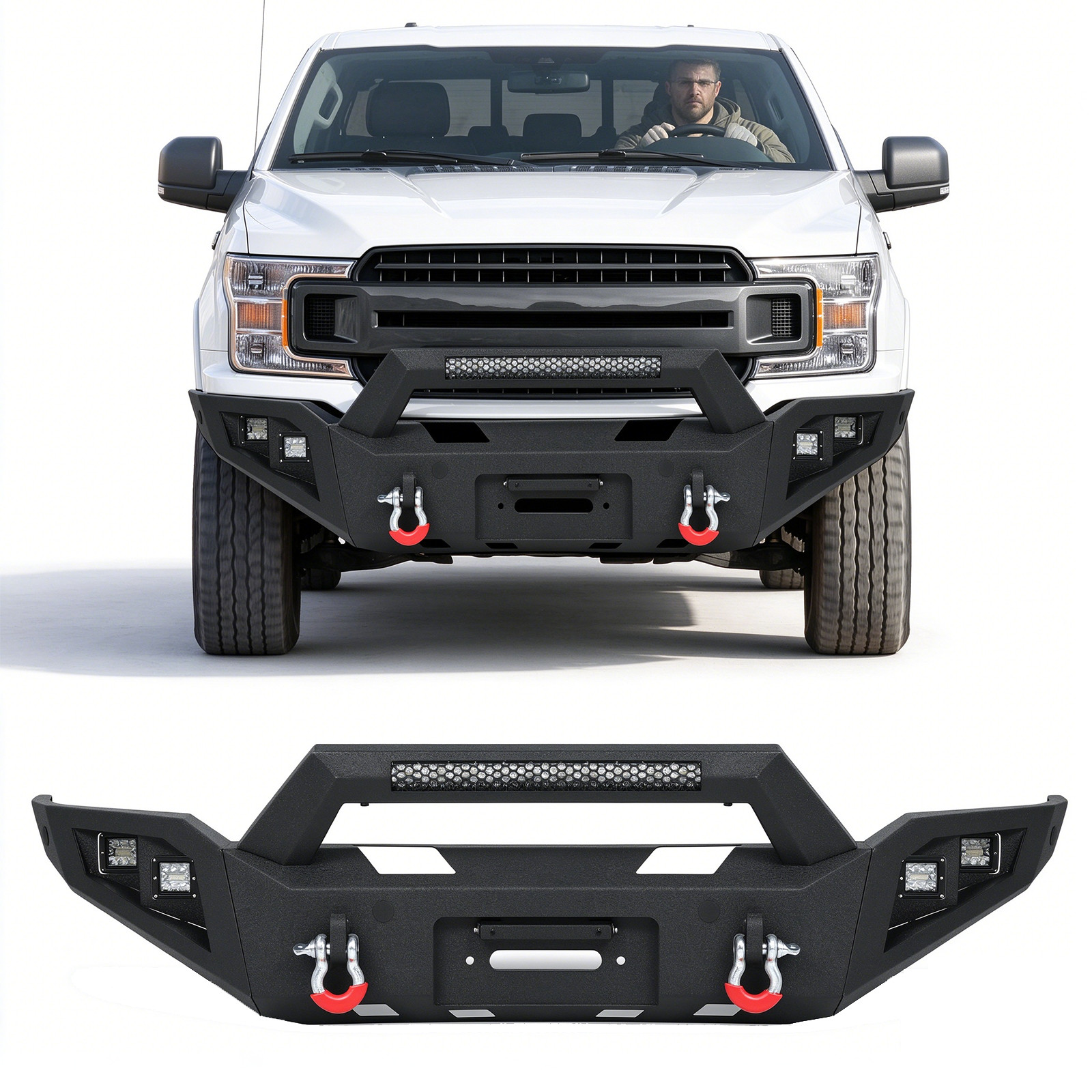 For 2018 2019 2020 Ford F-150 Front Bumper W/Sensor Hole Winch Plate LED Lights
