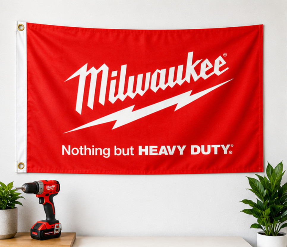 Milwaukee Power Tools Red Flag 3x5 FT Car Banner for Garage Man Cave Wall Milwaukee Power Tools Red Flag 3x5 FT Car Banner for Garage Man Cave Wall
