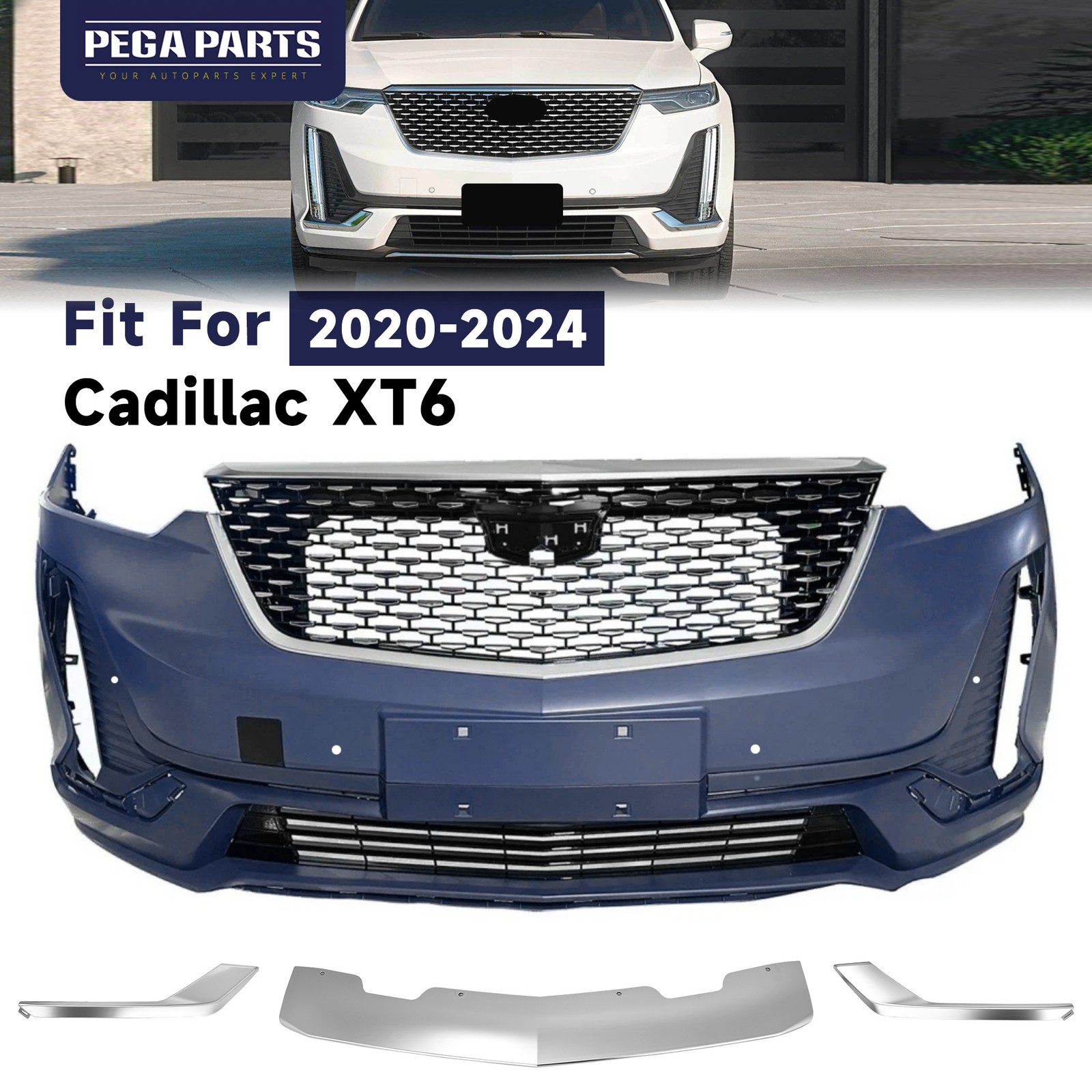 For 2020-2025 Cadillac XT6 Primed Front Bumper Cover Grille  Chrome Trim W/Hole