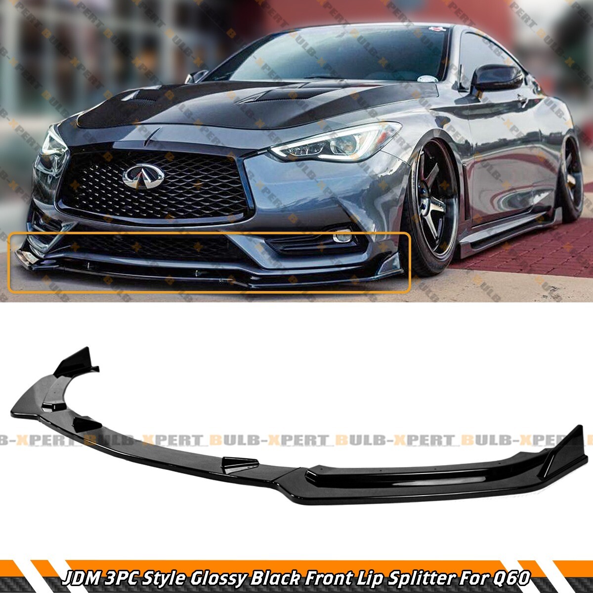 V2 JDM 3PC Glossy Black Front Bumper Lip Spoiler Splitter FOR 18-22 Infiniti Q60