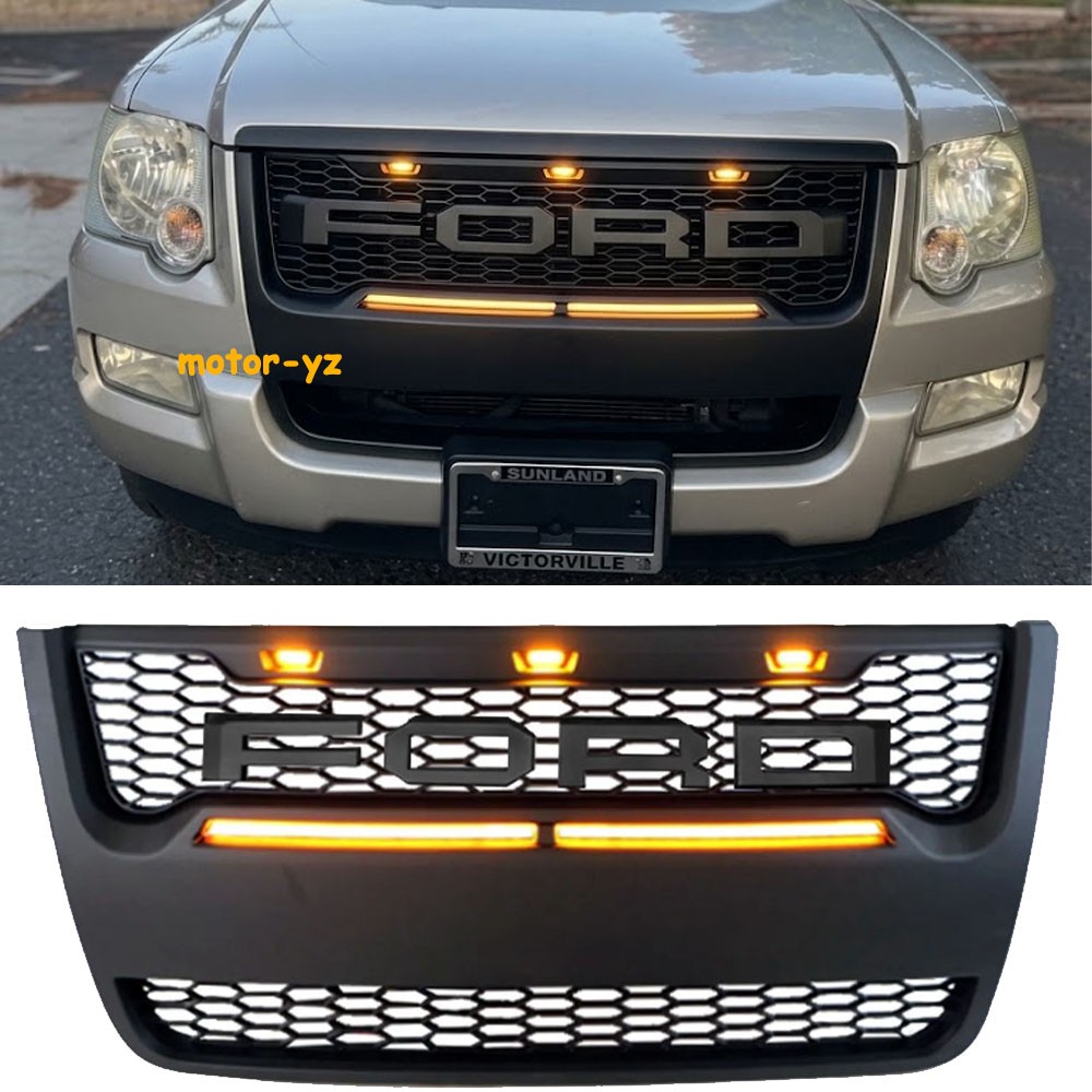 Grill for 2006-2010 Ford Explorer Raptor Style Bumper Mesh W/Letter+Light