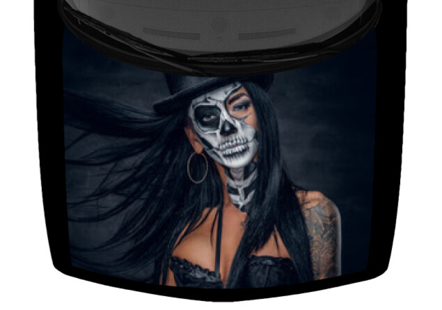 Painted Sugar Skull Woman Truck Hood Wrap Vinyl Car Graphic Decal Colorful