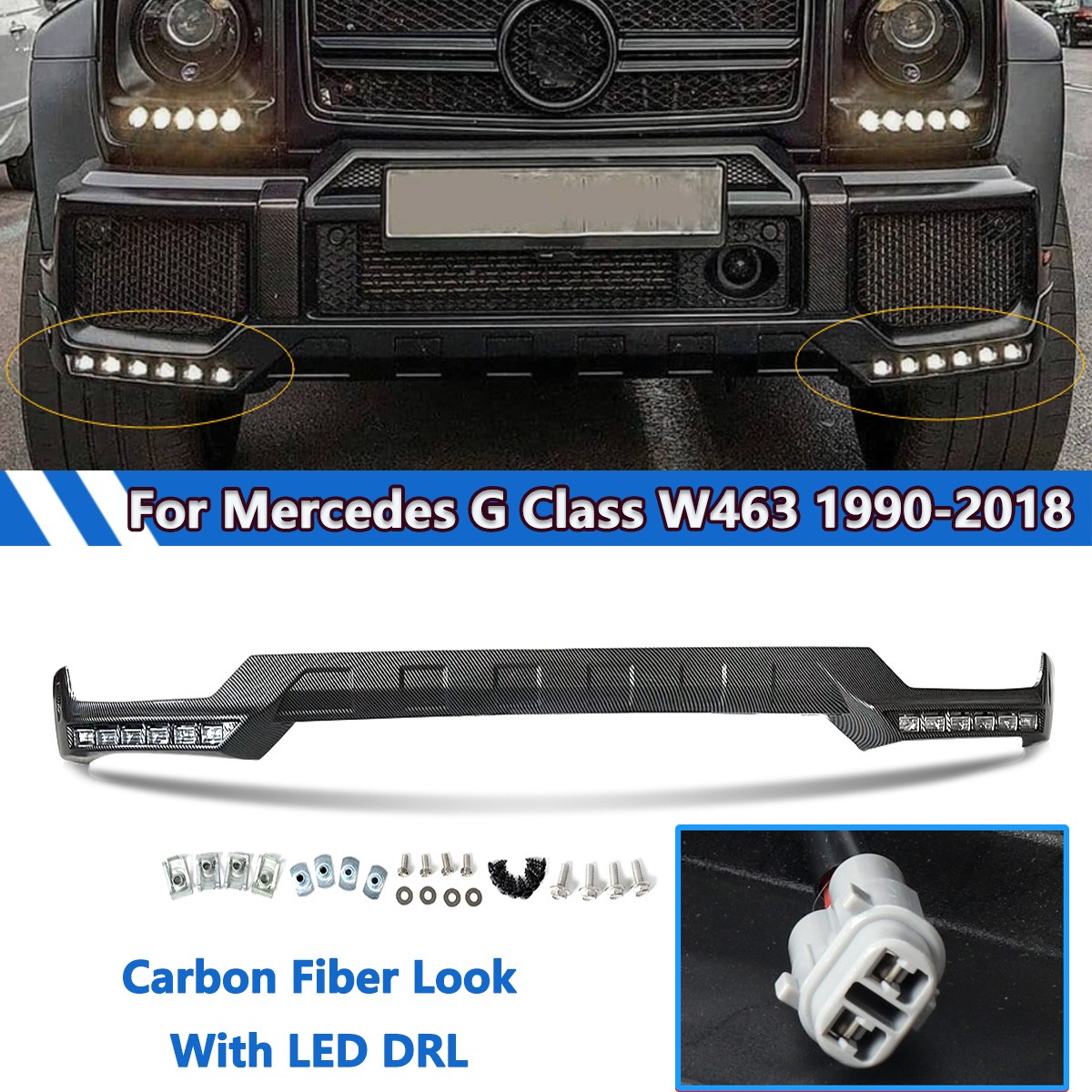 Front Bumper Splitter Lip W/ LED For 1990-18 Benz W463 G550 G55 G63 Carbon Look Front Bumper Splitter Lip W/ LED For 1990-18 Benz W463 G550 G55 G63 Carbon Look