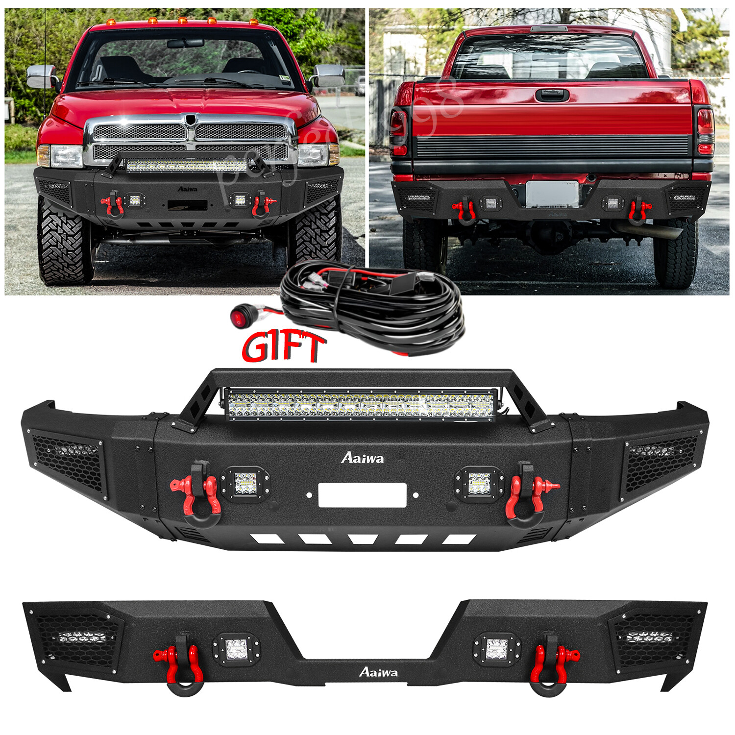 Offroad Steel Front Rear Bumper w/Lights+Wire For 1994-2002 Ram 1500 2500 3500