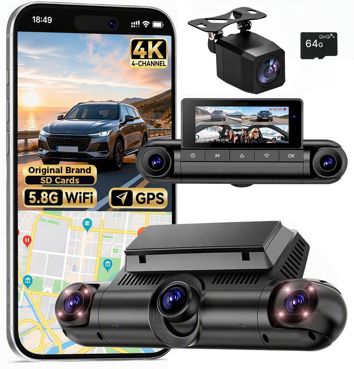 4K 360°4-Channel Dash Cam Front Rear LH RH GPS/64GB Card 5.8GHz Wi-Fi App