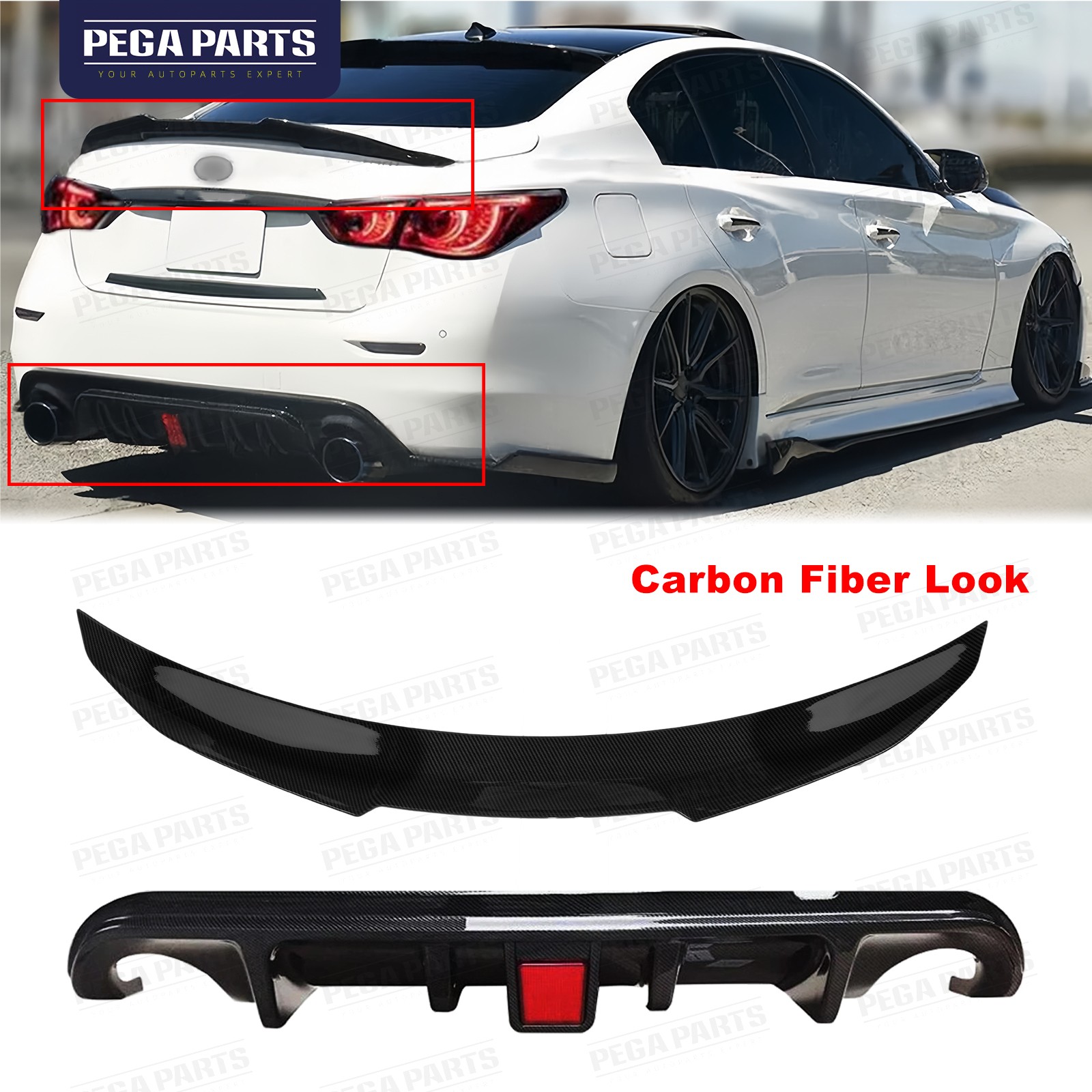 Carbon Fiber Style Rear Bumper Diffuser Spoiler Kit For 2014-2017 Infiniti Q50