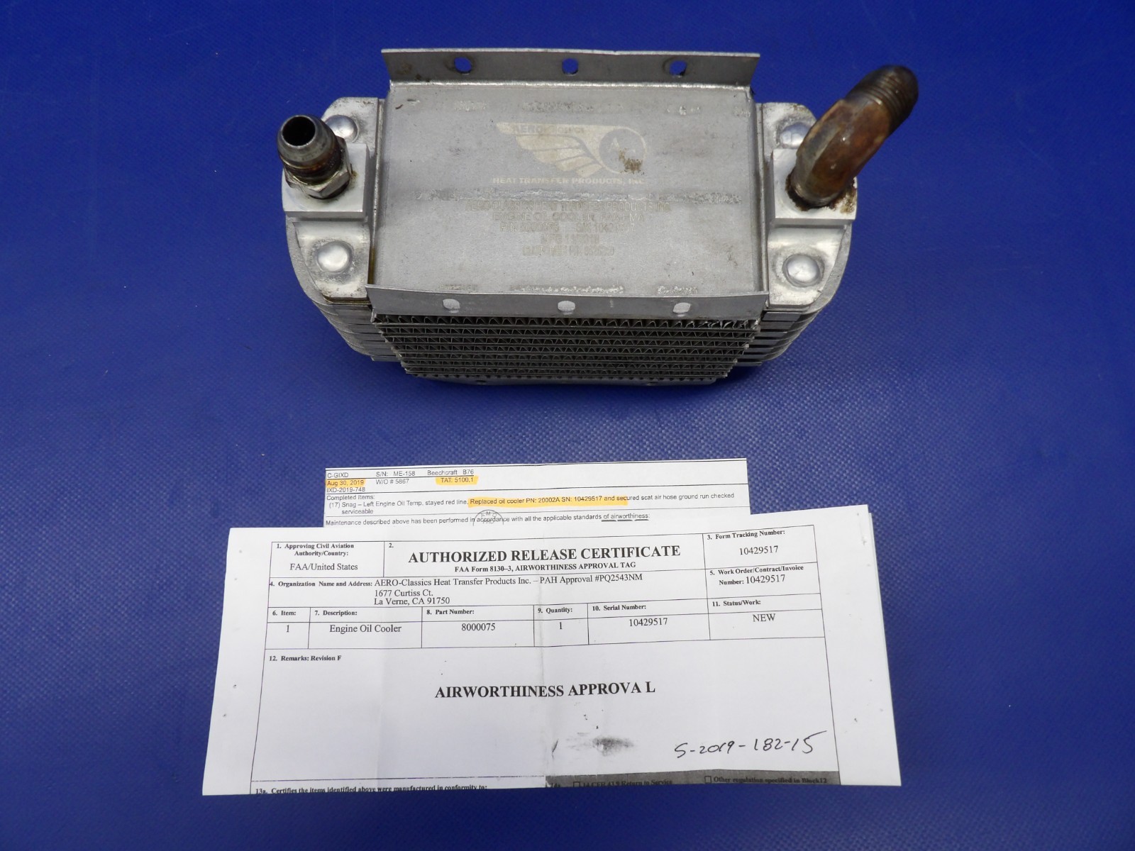 Beech 76 Duchess Aero-Classics Oil Cooler P/N 8000075 (0526-1323)