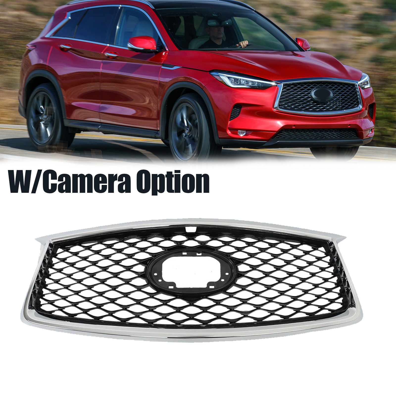 For INFINITI QX50 2019-2023 Front Upper Grille Chrome Black W/Camera Option