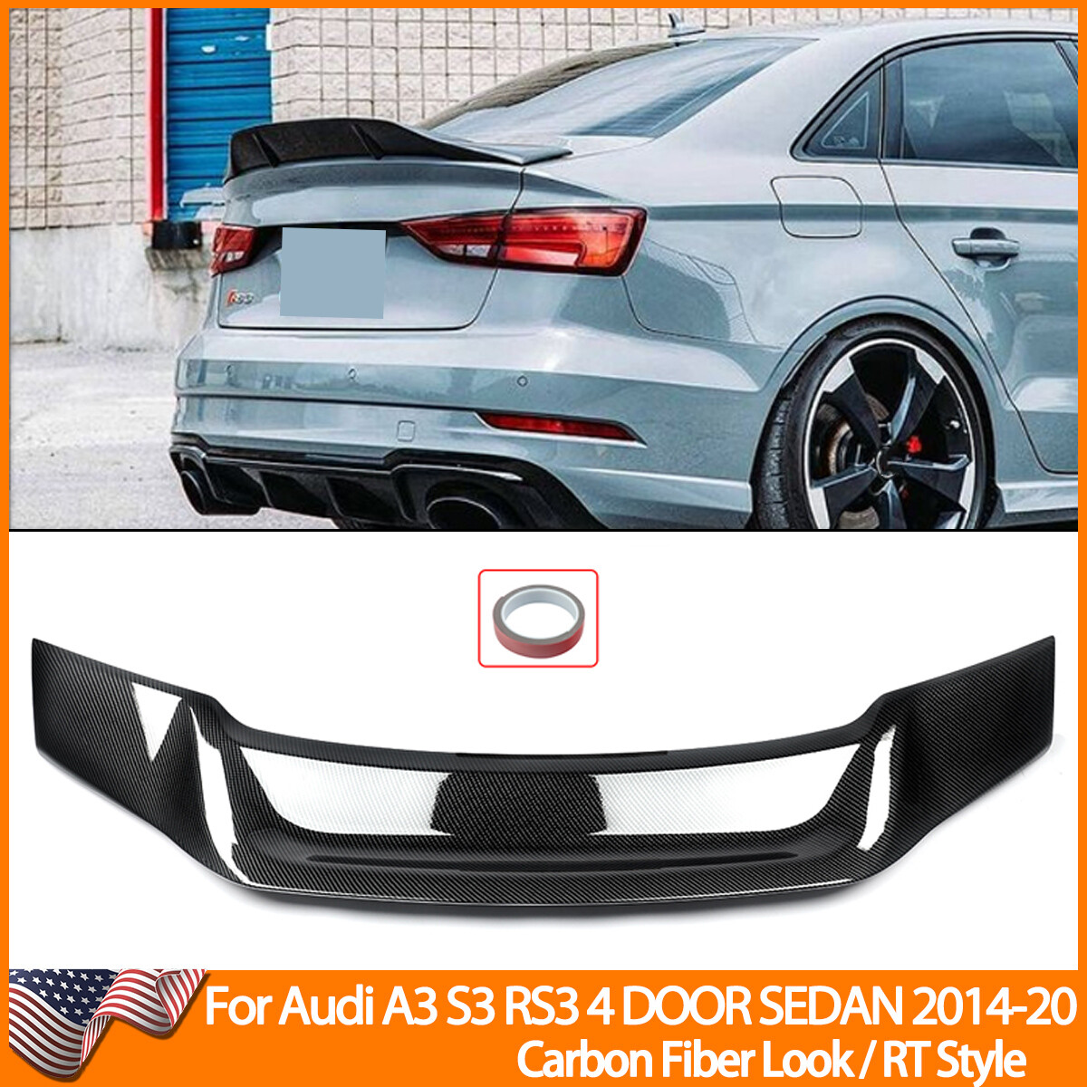 For 2014-20 Audi A3 S3 RS3 8V Sedan Duckbill Trunk Spoiler RT Style Carbon Look For 2014-20 Audi A3 S3 RS3 8V Sedan Duckbill Trunk Spoiler RT Style Carbon Look
