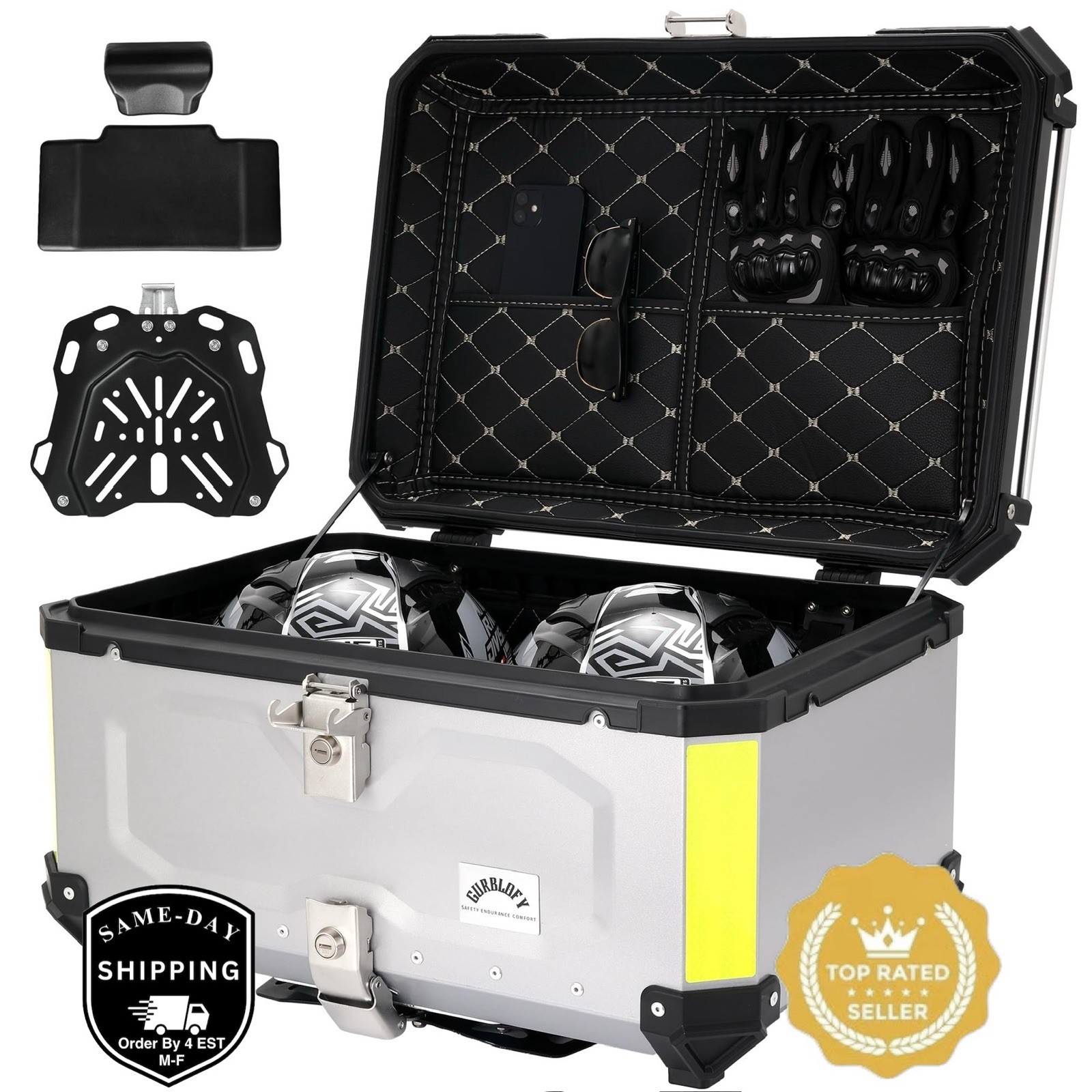 Motorcycle Top Case Aluminum Motorcycle Top Box with Anti-Theft 65L Silver-65L