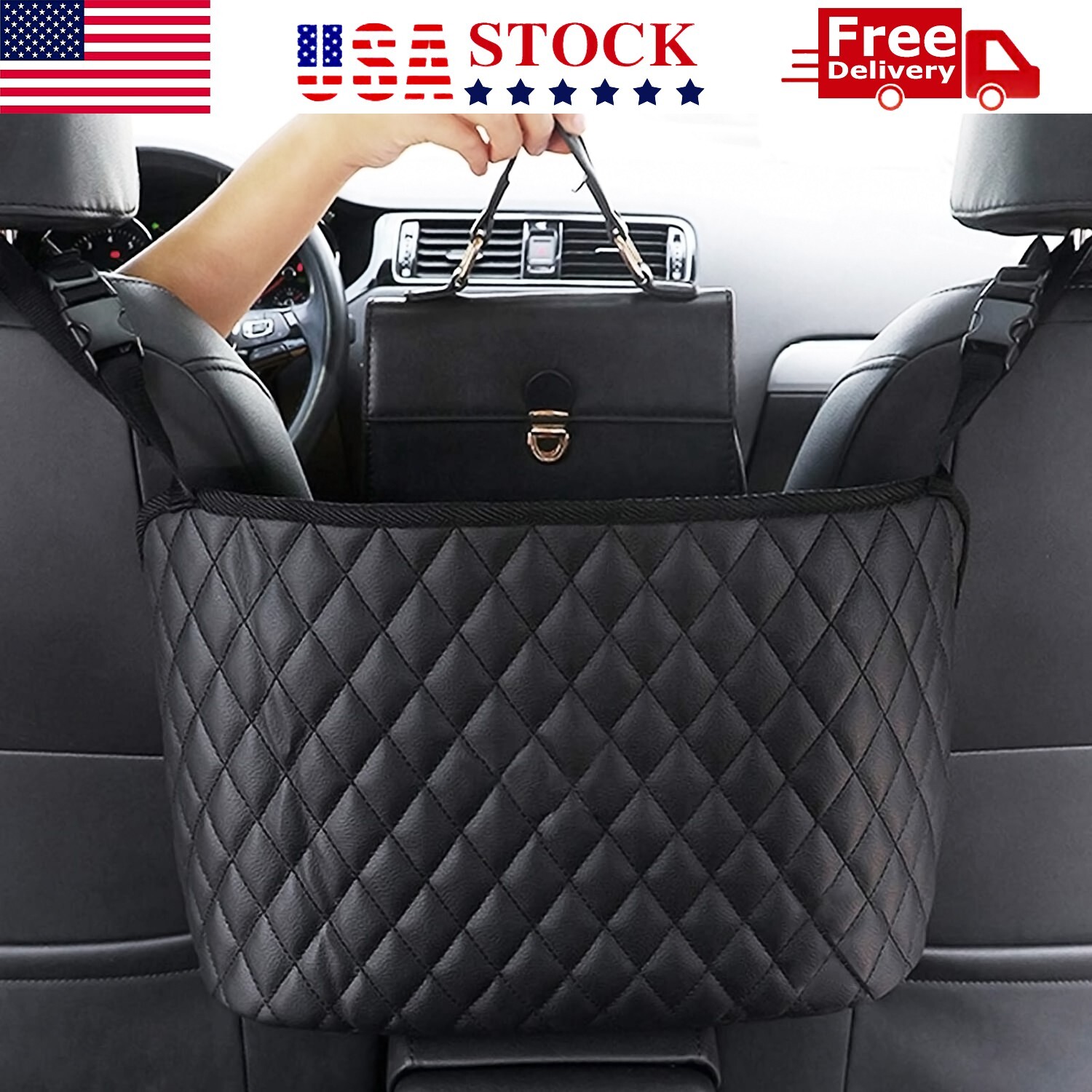 Car Net Pocket Handbag Holder Black PU Leather Between Car Seat Storage US Car Net Pocket Handbag Holder Black PU Leather Between Car Seat Storage US