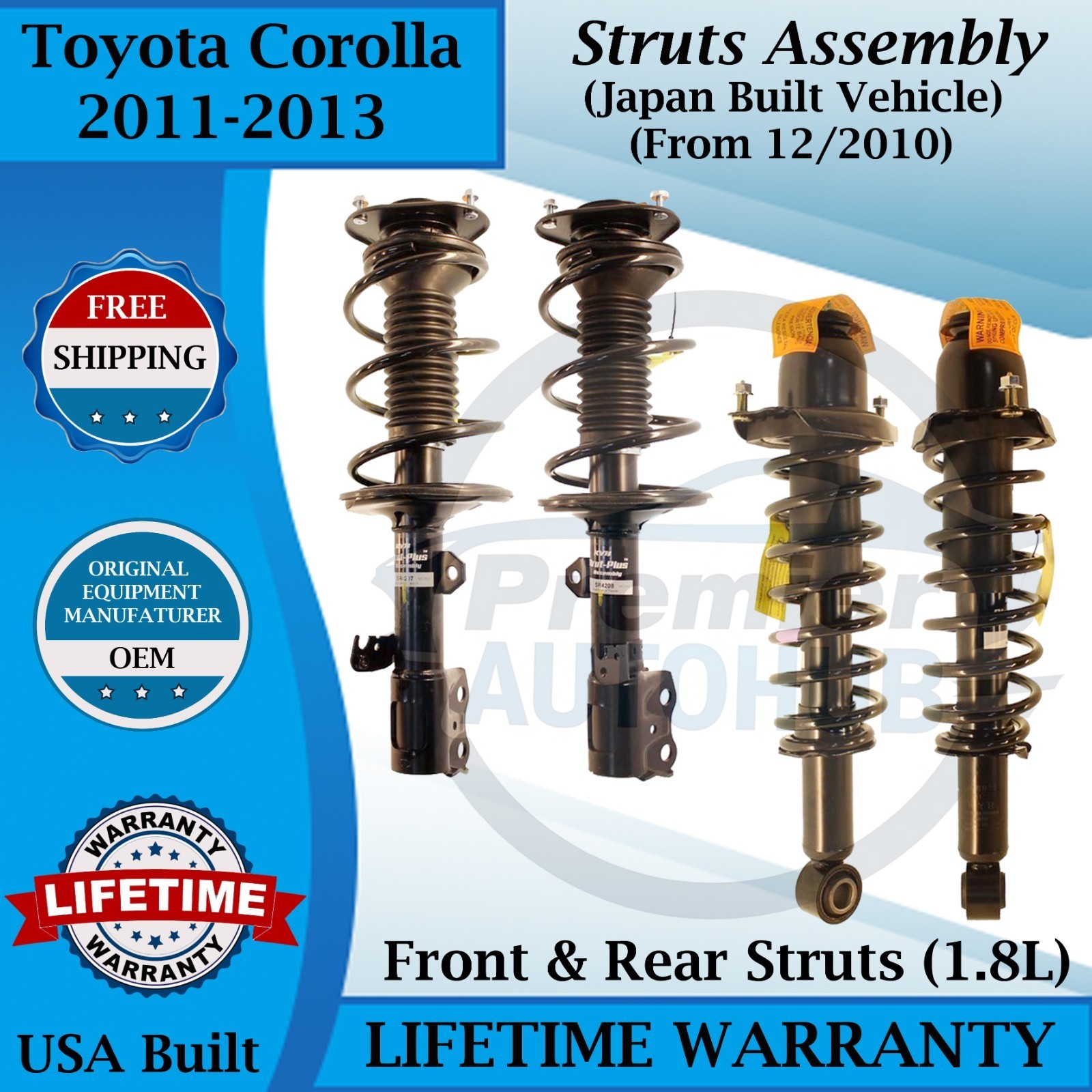 KYB OEM Front & Rear Struts For 2011-2013 Toyota Corolla Lifetime Warranty