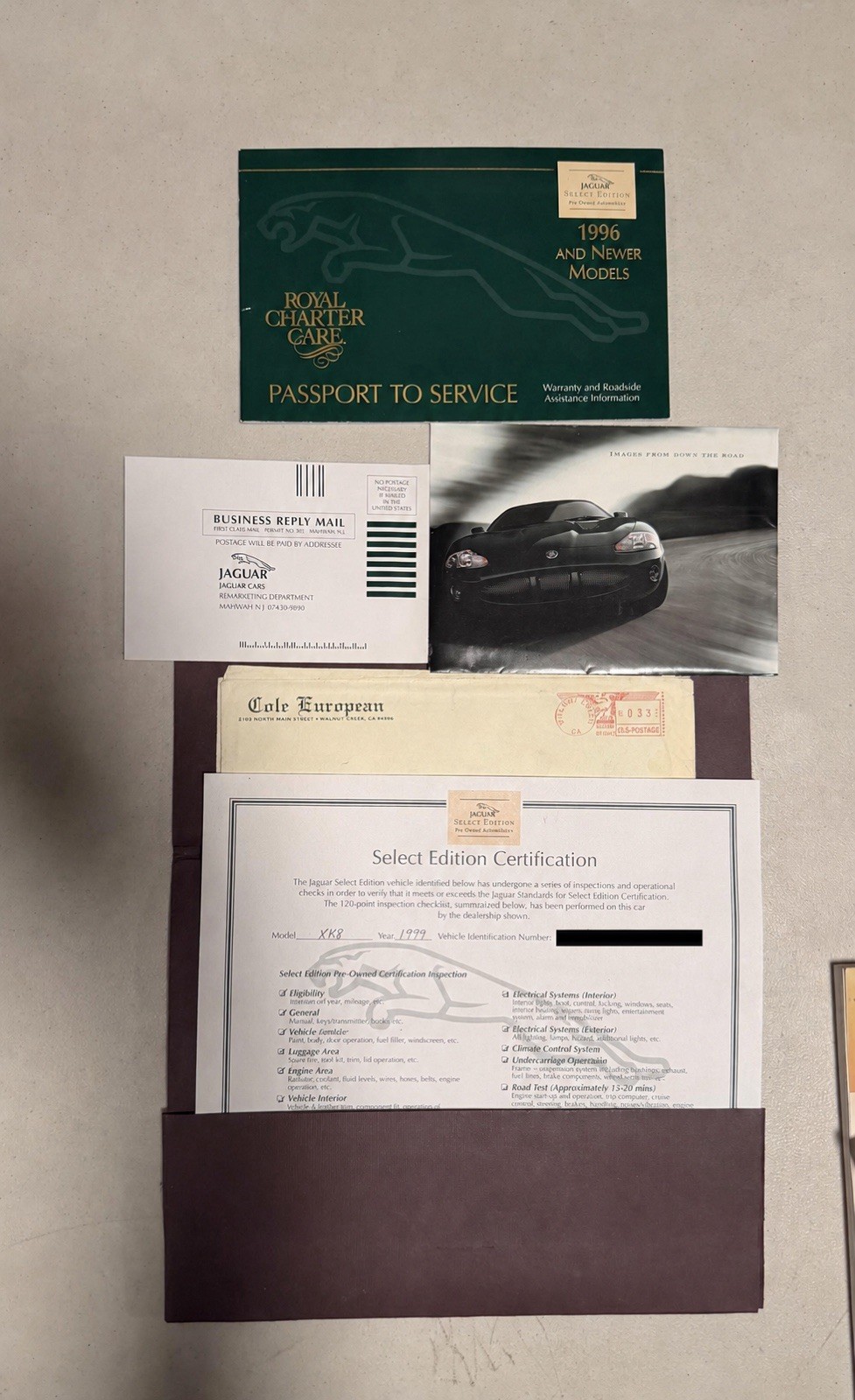 1999 Jaguar XKR Select Edition Delivery Portfolio Certification Literature