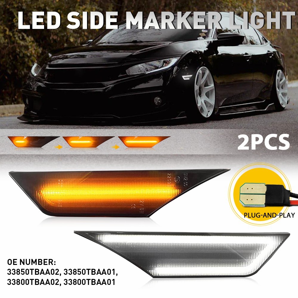 Sequential LED Side Marker Lights Turn Signal DRL Lamp For 2016-2021 Honda Civic