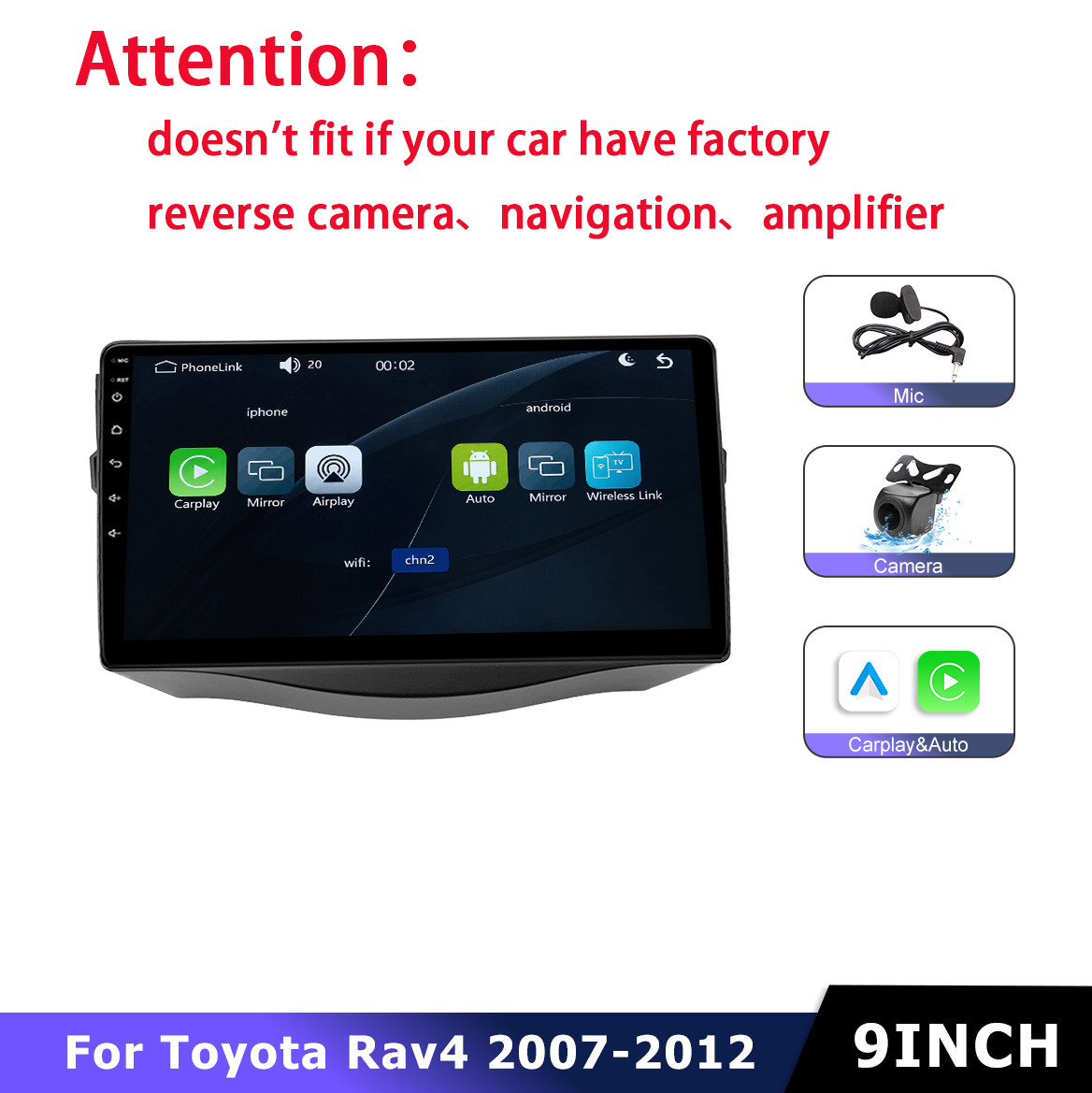 Carplay Android Auto Radio Stereo For Toyota RAV4 2007-2012 Linux System Camera