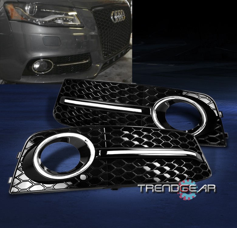 2009-2012 AUDI A4 B8 BUMPER FOG LIGHT LAMP GRILLE COVER GLOSSY BLACK/CHROME TRIM