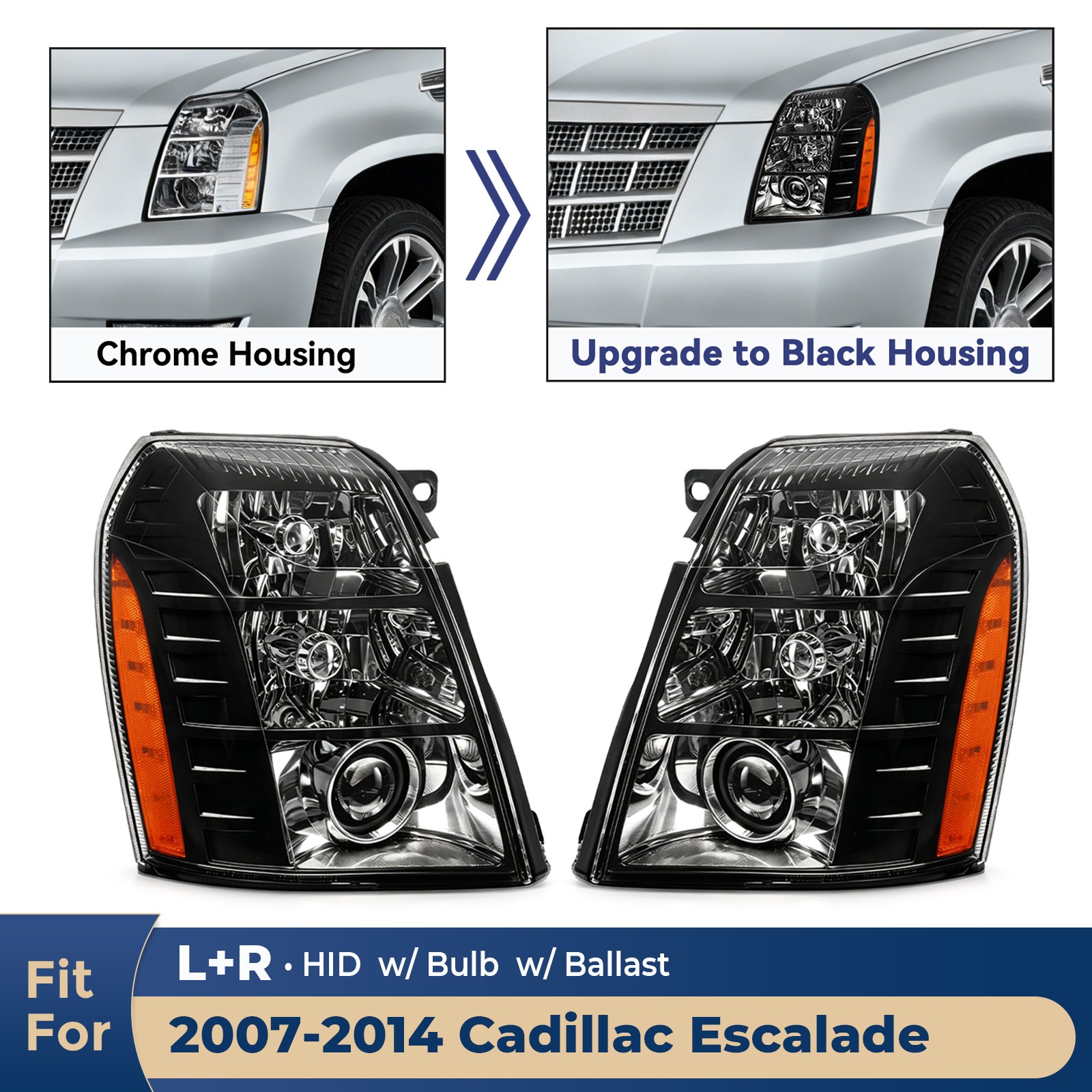 Chrome Upgrade Black HID Headlight For 2007-2014 Cadillac Escalade w/Bulb Pair Chrome Upgrade Black HID Headlight For 2007-2014 Cadillac Escalade w/Bulb Pair