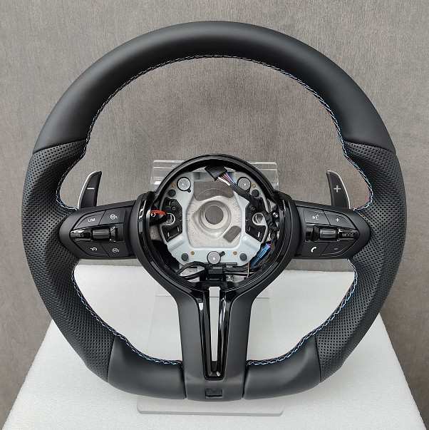 Custom BMW M Style Flat Bottom Steering Wheel Black Leather Blue Red Stitch
