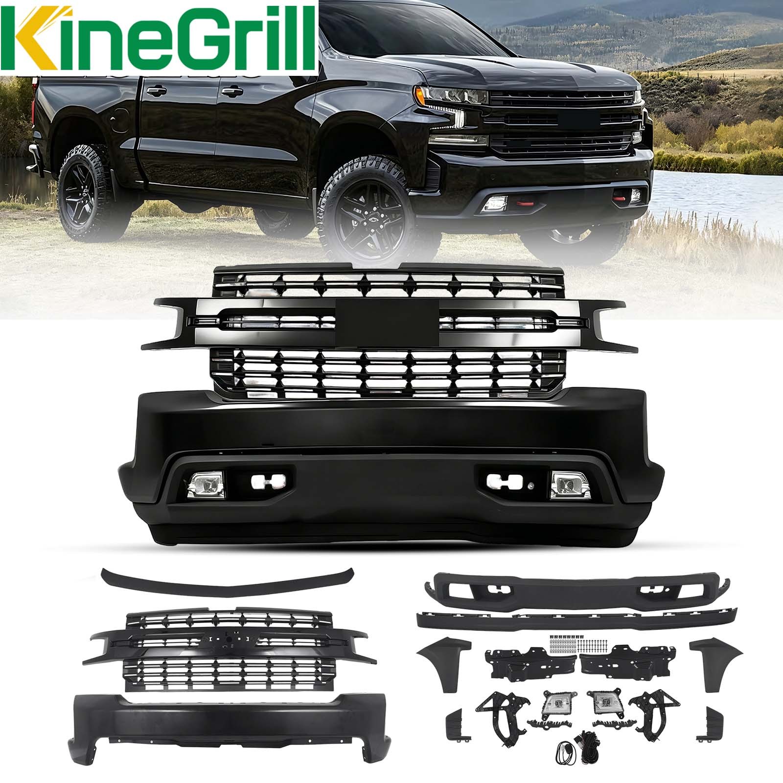 Fit 19-21 Chevy Silverado 1500 OE Style Front Bumper Cover Kit W/ LED Fog Lights