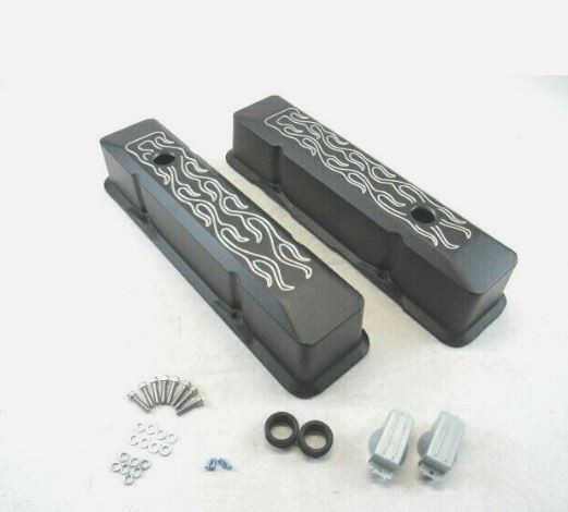 Small Block Chevy 350 383 Tall Flame Aluminum Valve Covers Black E41015BK Small Block Chevy 350 383 Tall Flame Aluminum Valve Covers Black E41015BK